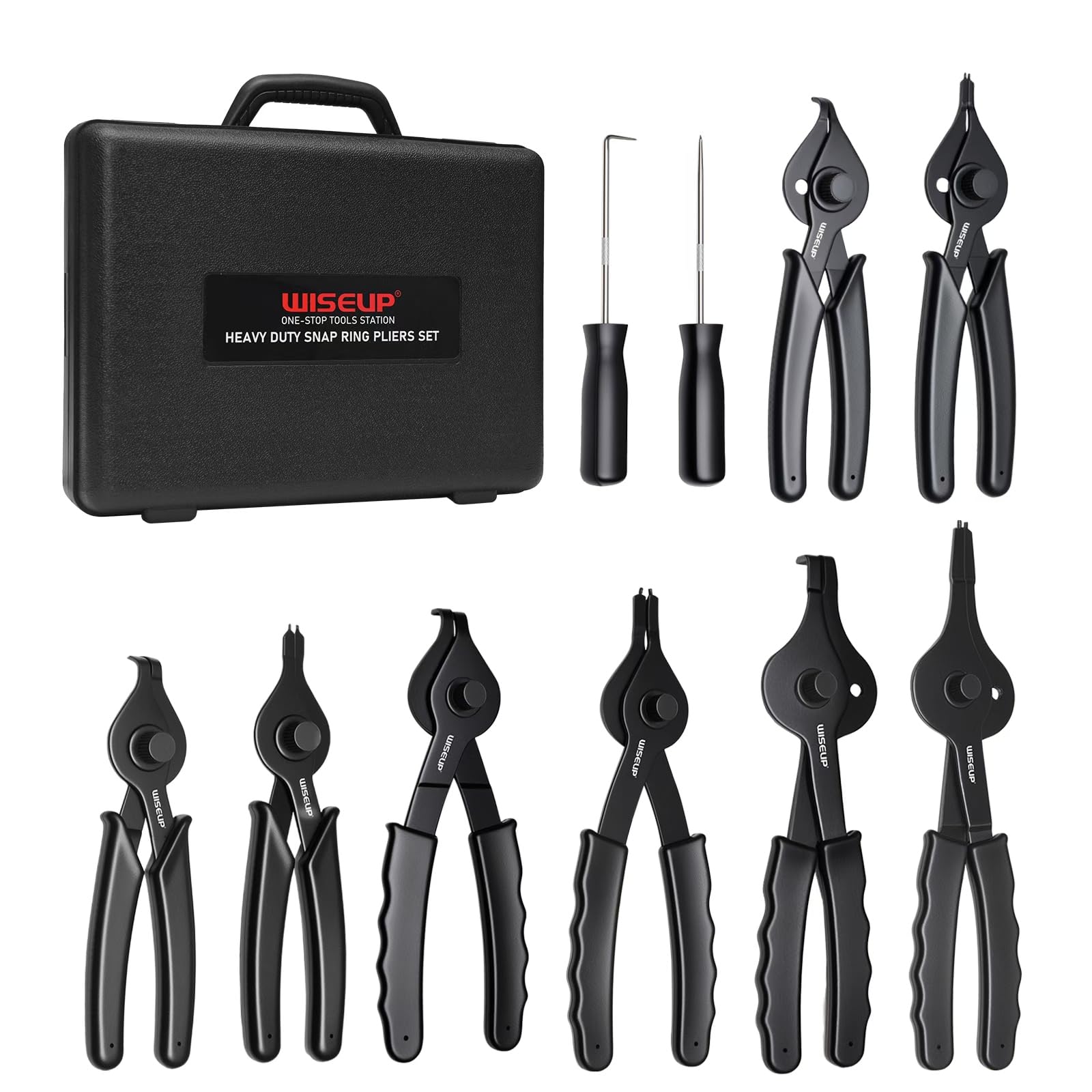 WISEUP Set di 10 pinze per anelli elastici, resistenti, kit di pinze per anelli interni/esterni, con pinze dritte piegate, punte dritte/piegate per rimozione anelli a C, con custodia