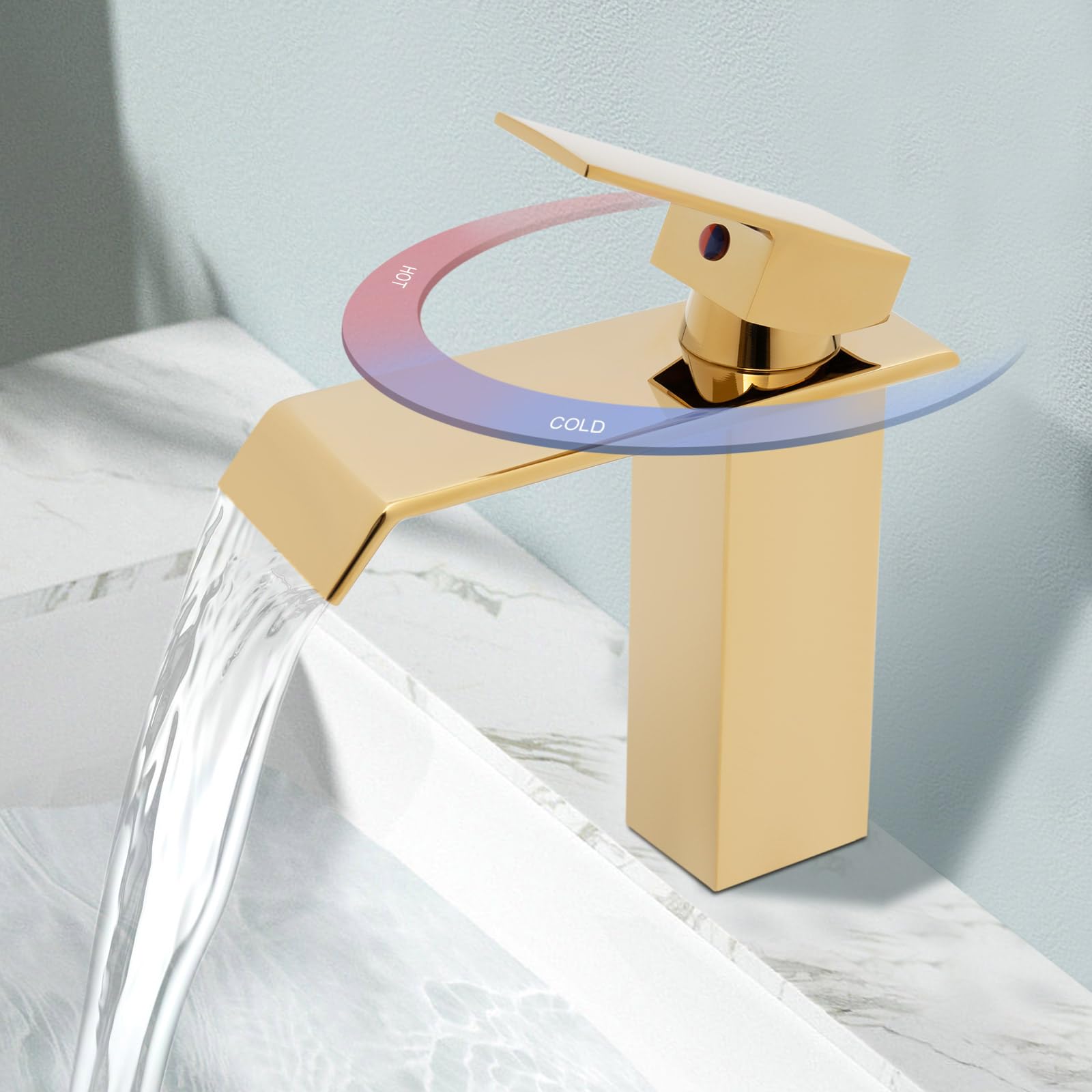 Robinet de lavabo Robinet mitigeur monocommande Robinetterie de lavabo Robinet cascade d'eau froide chaude Robinet cascade pour salle de bain avec bec tuyau d'évacuation en acier inoxydable doré