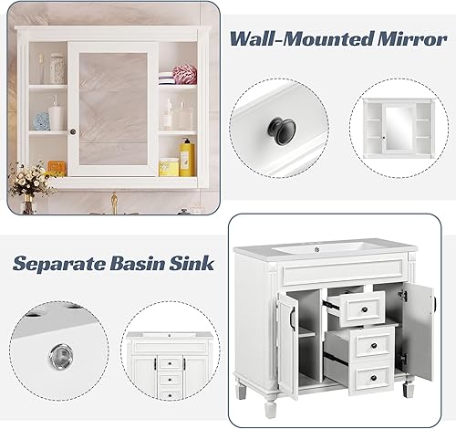 Miniatura 12 de Merax Tocador de baño de 36 pulgadas con fregadero, armario de almacenamiento de tocador de baño de 36 pulgadas con espejo a juego, parte superior