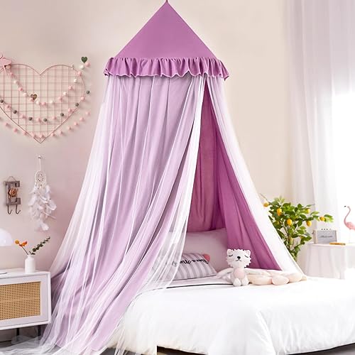 Vista 29 de Kertnic Toldo de cama grande de 31.5 pulgadas para niñas, toldo de princesa con volantes de ensueño de doble capa, tienda de campaña colgante