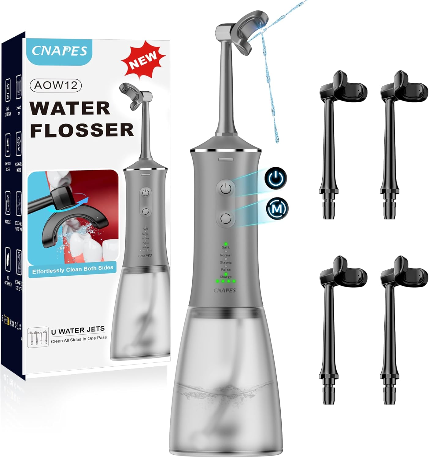U-Shaped Water Flosser Cordless for Teeth- 4 Nozzles for 360° Deep Cleaning in 1 Pass, 350ML Large Tank, 16 Pressure Modes, 30-Day, Rechargeable Water Dental Picks for Travel/Braces, Waterproof-Grey