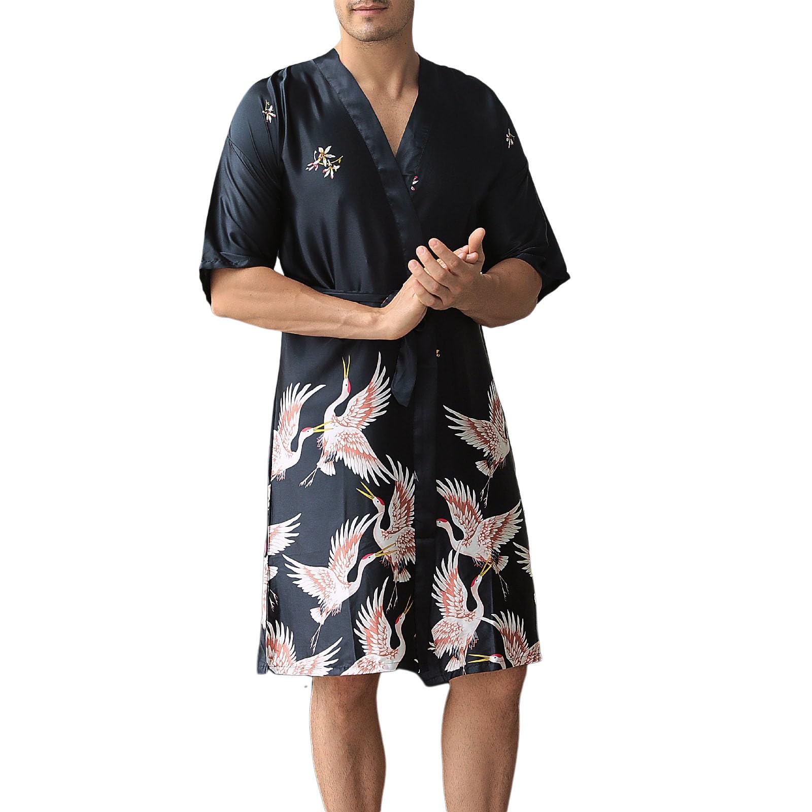 MODSGUE Albornoz para hombre ligero y corto Bata sexy bata de satén kimono hombres delgado verano sauna albornoz manga larga pijamas Satén camisón impresión camisón