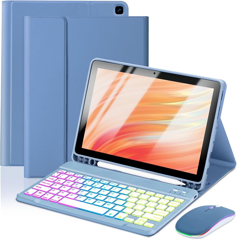 Tablet Case Keyboard with Mouse for Amazon Fire HD 10/10 Plus 11/13th | Generation 10.1 inch 7 Color Rainbow Backlit Detachable Keyboard Magnetic Cover with Pen Slot HD 10 2021/2023 Ocean