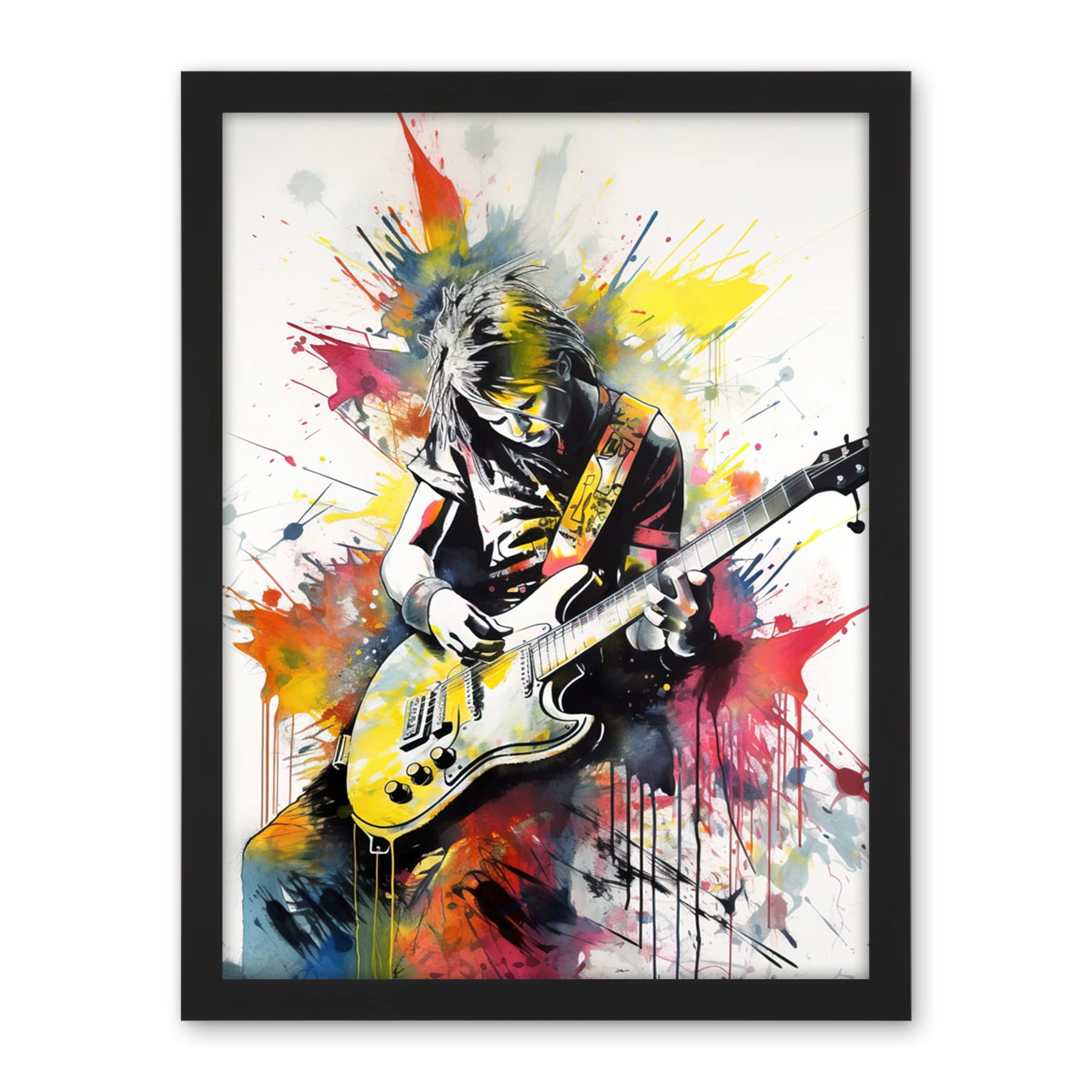 Artery8 Guitarist Playing Electric Guitar Music Solo Vibrant Modern Splat Paint Watercolour Illustration Artwork Framed Wall Art Print 18X24 Inch