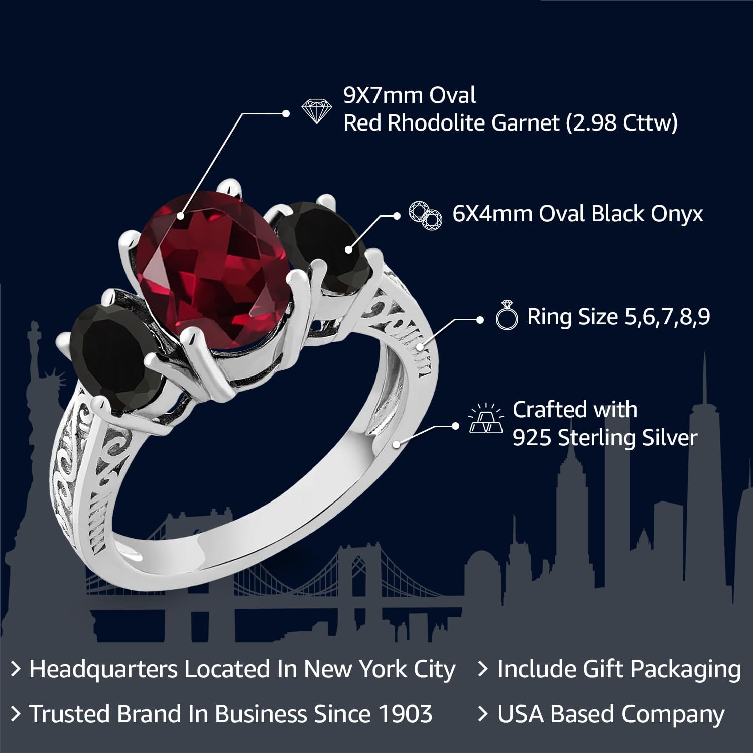 Gem Stone King 2.98 Cttw Red Rhodolite Garnet and Black Onyx 3 Stone Ring For Women | 925 Sterling Silver | Gemstone Birthstone | Available In Size 5, 6, 7, 8, 9