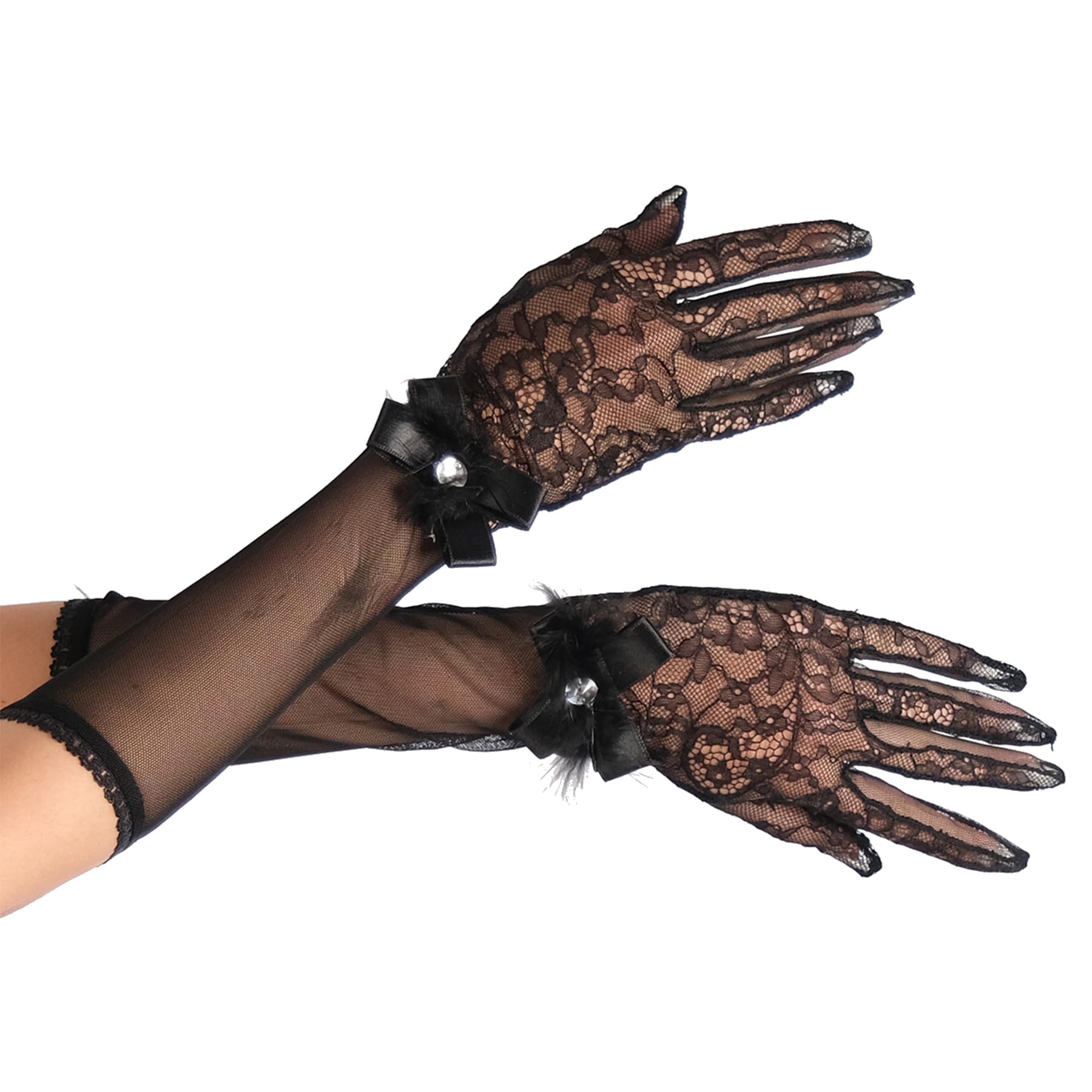 LIMELIA Braut-Hochzeitshandschuhe – Transparente Spitzenhandschuhe mit Federbändern für Frauen und Mädchen für Geburtstags, Abschlussball, Kostümparty, Henna-Nacht | Tüllhandschuhe – Schwarz