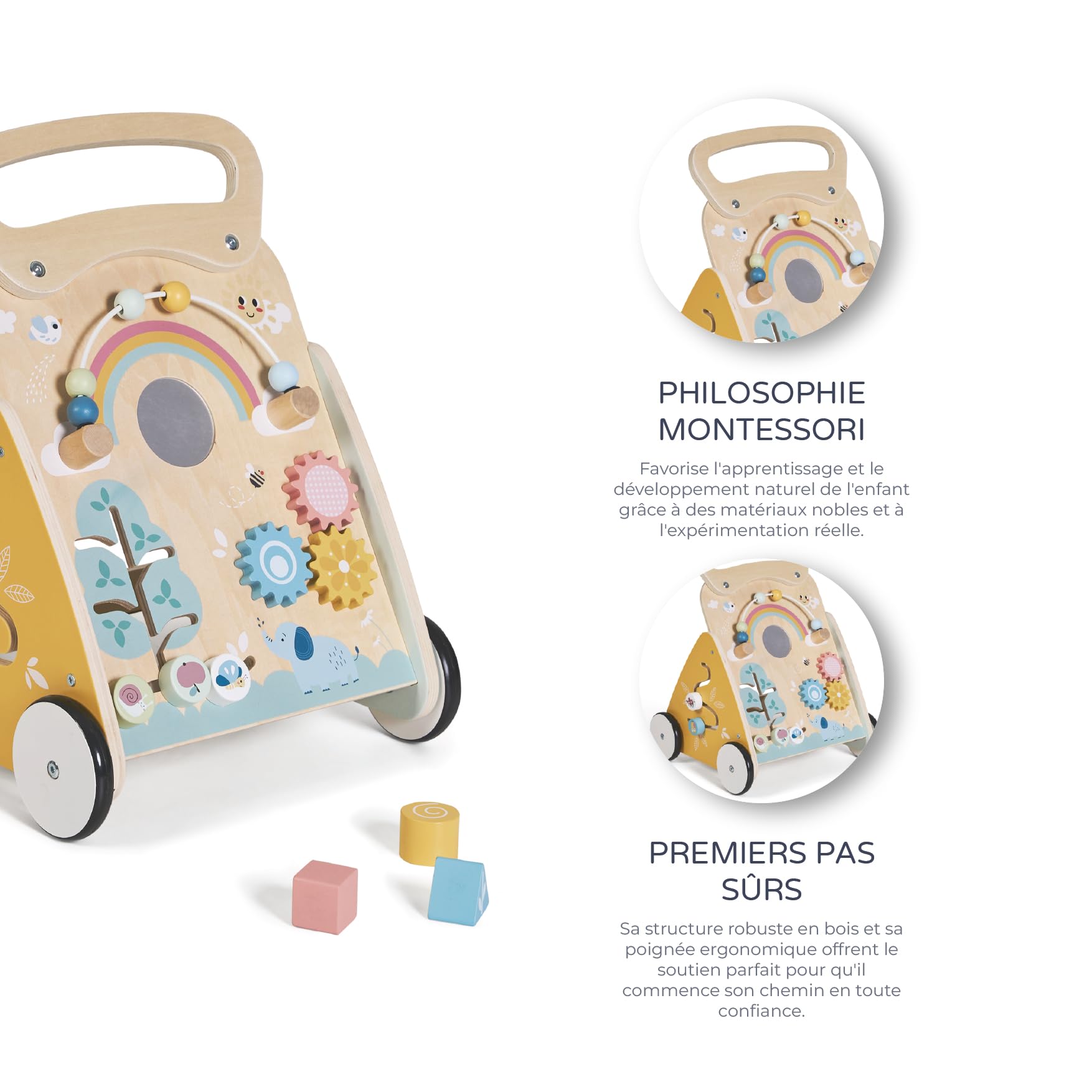 MS Montessori MIMO - Trotteur en bois pour bébé | Chariot de marche avec jouets et activités pour les premiers pas | Déambulateur bébé +12 mois