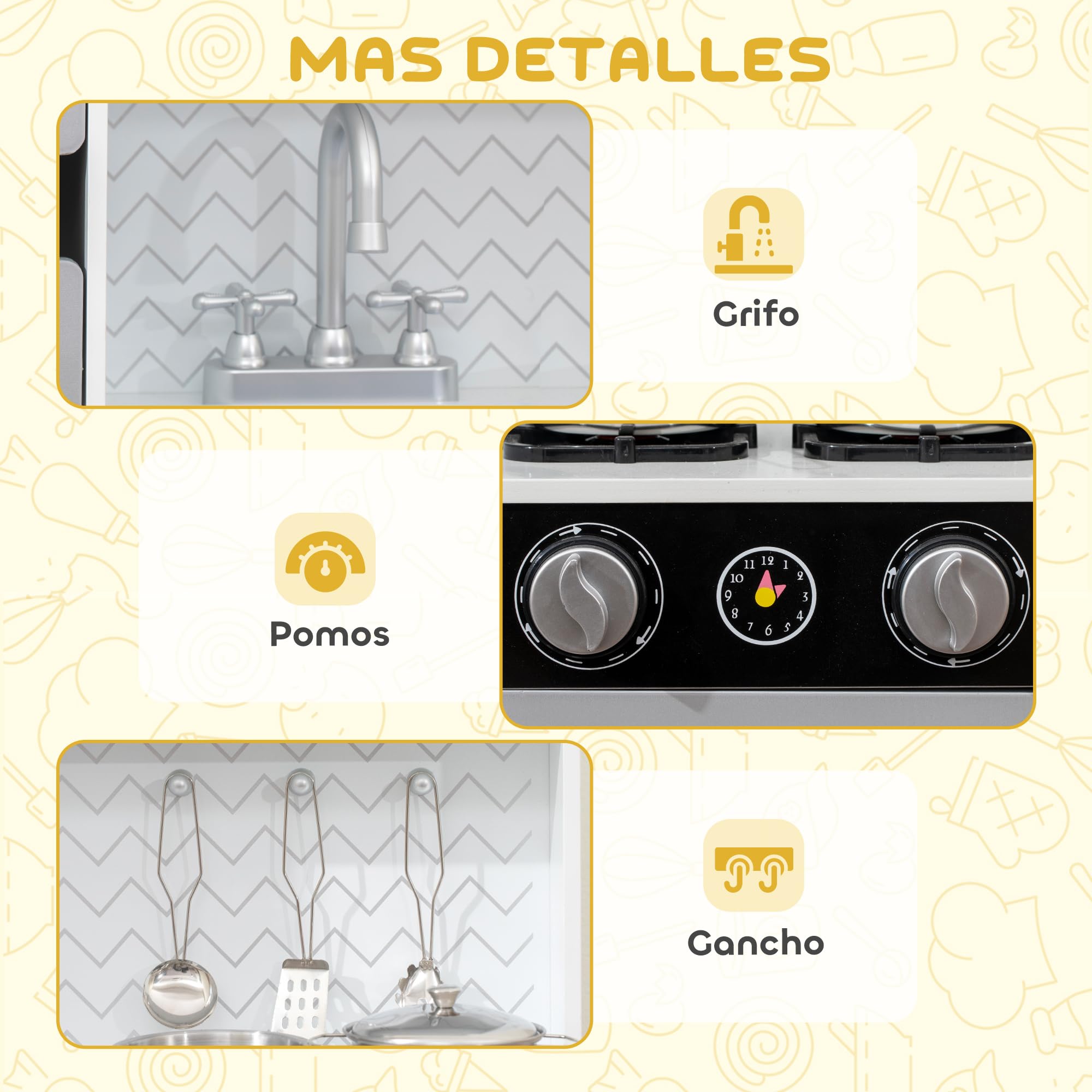 AIYAPLAY Cocina de Juguete de Madera con Sonido 79,5x24x83,8 cm Blanco | Cocinita Infantil, Accesorios de Acero Inoxidable, Microondas, Máquina de Hielo, Cafetera, Lavavajillas