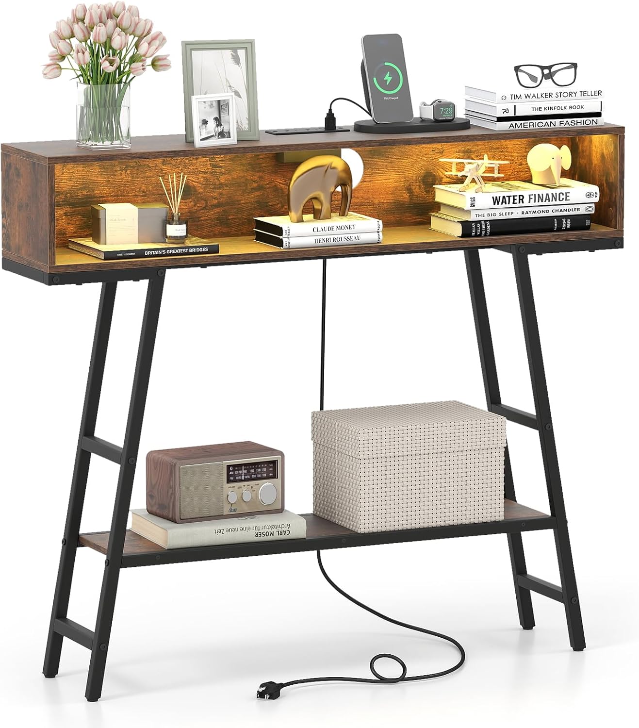Giantex Console Table with Charging Station & LED Lights, 40" Entryway Table with Storage Shelves, 3-Tier Display Shelf for Small Space, Sofa Table for Living Room (Rustic Brown + Black)