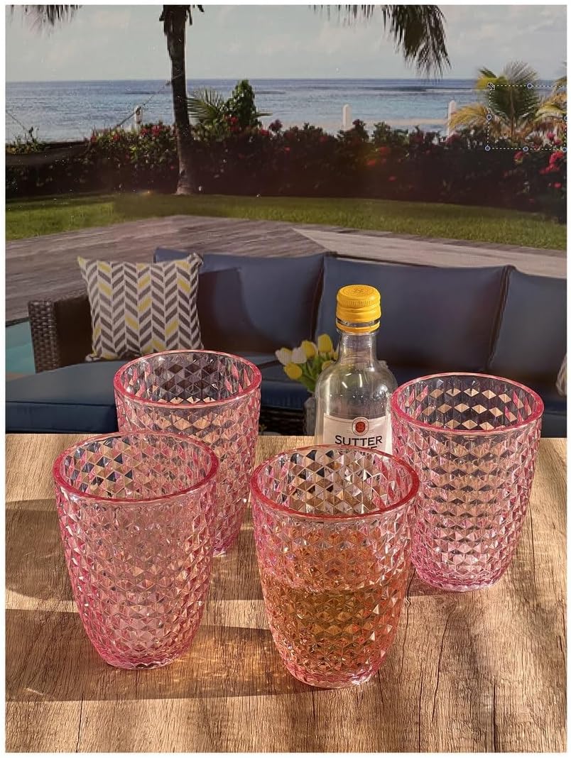LeadingWare Diamond Cut Acrylic Glasses Drinking Set of 4 (12oz), Plastic Drinking Glasses, BPA Free Cocktail Glasses, Drinkware Set, Drinking Water Glasses