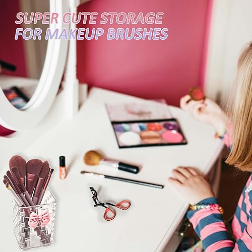 Miniatura 3 de Soporte para bolígrafo para escritorio, bonito soporte para brochas de maquillaje acrílico, textura tejida con decoración de lazo, papelería de