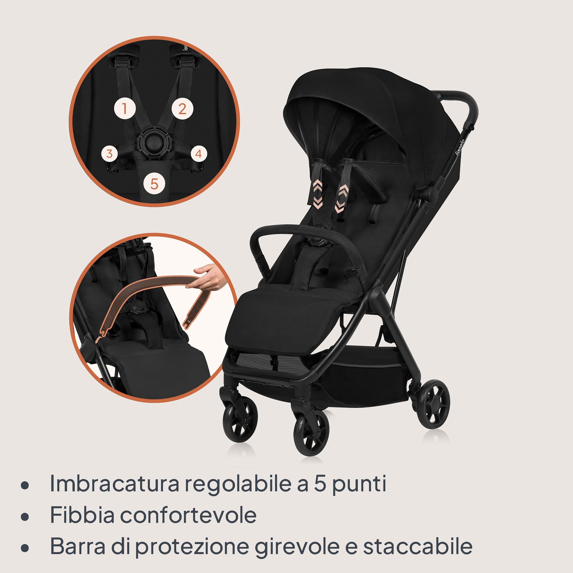 LIONELO Julie Air Passeggino da Viaggio per Aereo da 6 Mesi a 4 Anni | Fino a 22 kg, Leggero e Pieghevole con Una Mano, Ruote Girevoli a 360° con Sospensioni, Schienale Regolabile, UPF50+