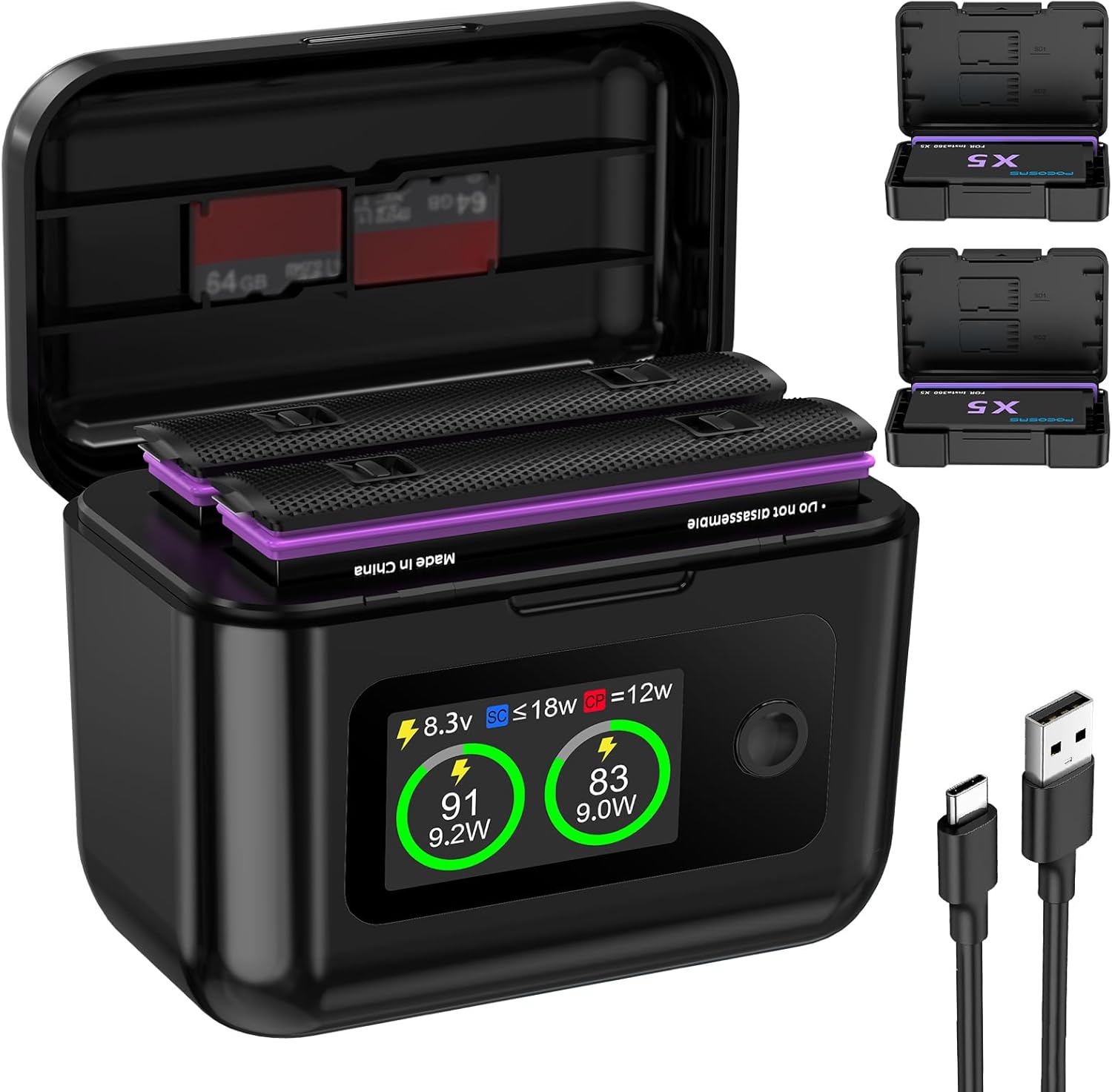 Insta 360 X5 Battery 2-Pack with LCD Charger, 2850mAh X5 Batteries and Intelligent Two Way Charger Hub for Insta360 X5