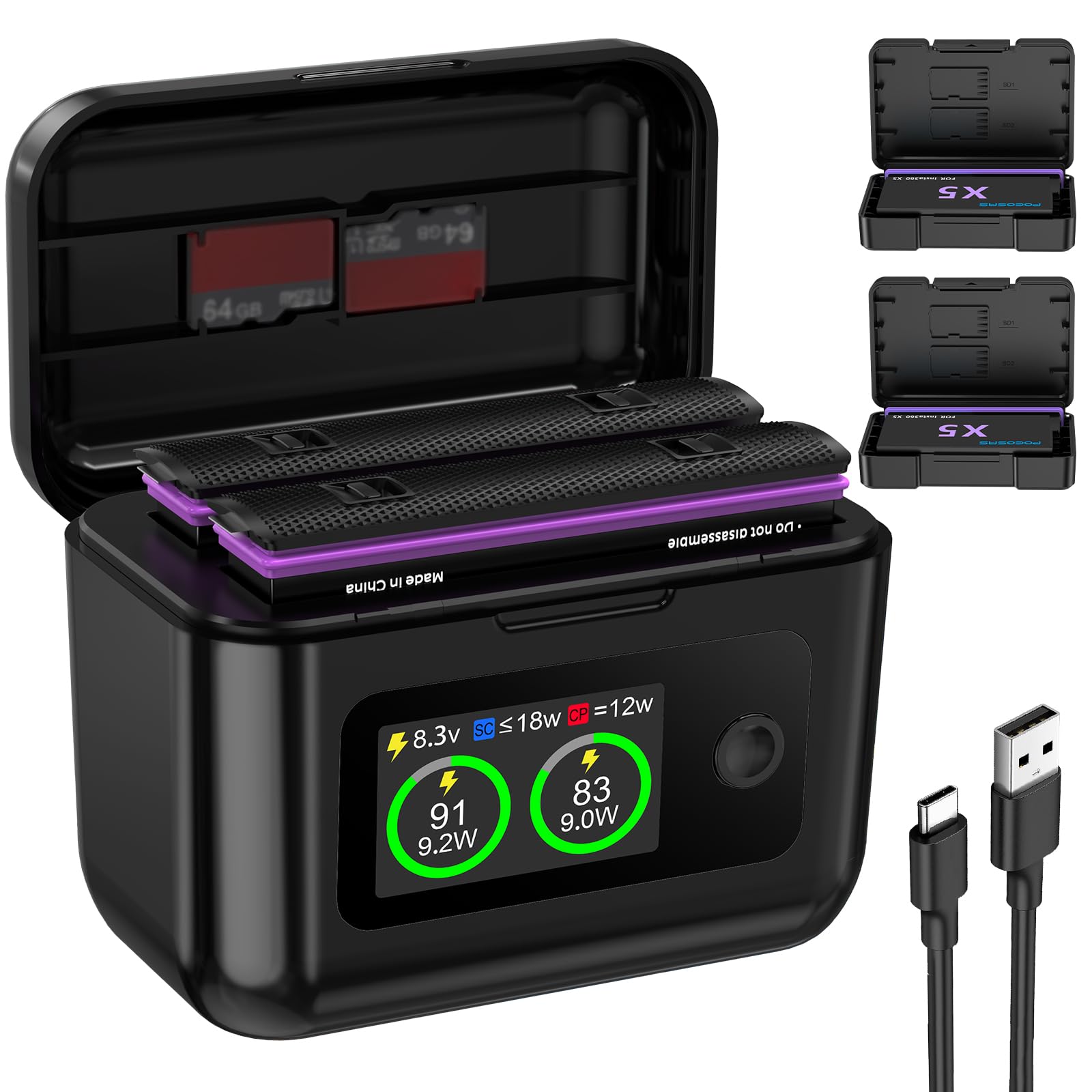 POEOSAS Insta 360 X5 Battery 2-Pack with LCD Charger, 2850mAh X5 Batteries and Intelligent Two Way Charger Hub for Insta360 X5