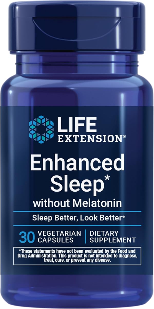 Life Extension Enhanced Sleep Without Melatonin, ashwagandha, amla, Casein Milk peptides, melatonin-Free Supplement for Sleep & Stress Support, Gluten-Free, Non-GMO, Vegetarian, 30 Capsules