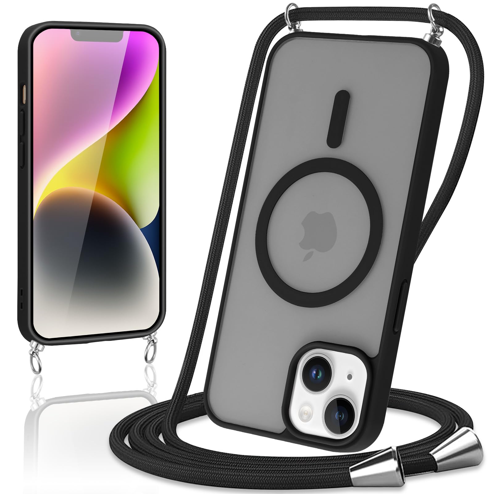 Knrlqim Magnetica Cover con Cordino per iPhone 13/iPhone 14, Compatibile con Magsafe,Custodia con Laccio Collana Tracolla Corda,Cornice Ondulata Traslucida Opaca Antiurto Protettiva Case,Nero
