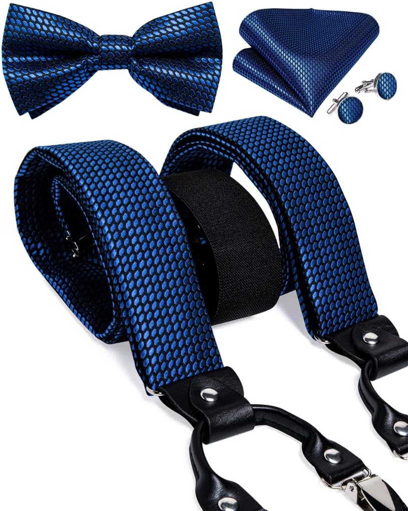 Vintage Silk Men's Bow Tie Set Trousers Strap Casual Real Leather 6 Clips Elastic Suspender Braces