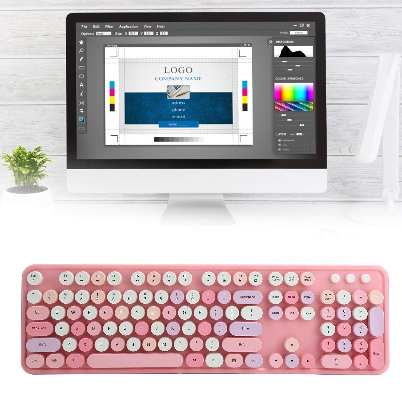 Tbest Clavier sans Fil Ensemble Clavier et Souris sans Fil 2,4 Ghz 104 Touches Clavier Mignon de Bureau de Bureau pour Ordinateur (Couleur mélangée Rose)