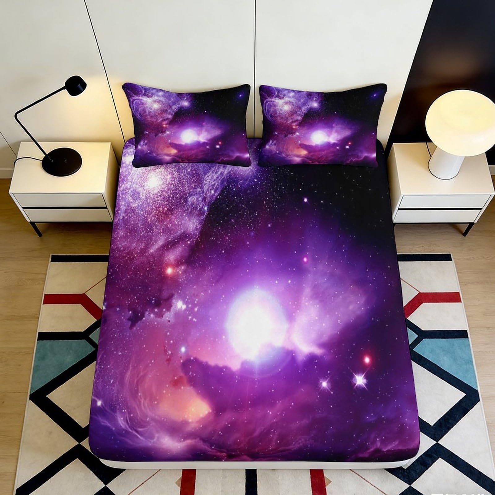 Jqzkxnhpbr Style-5 3D Printed Galaxy Starry Sky Fitted Sheet Microfiber Soft Purple Cosmic Nebula Mattress Cover Bedroom Decor 90X200x25cm