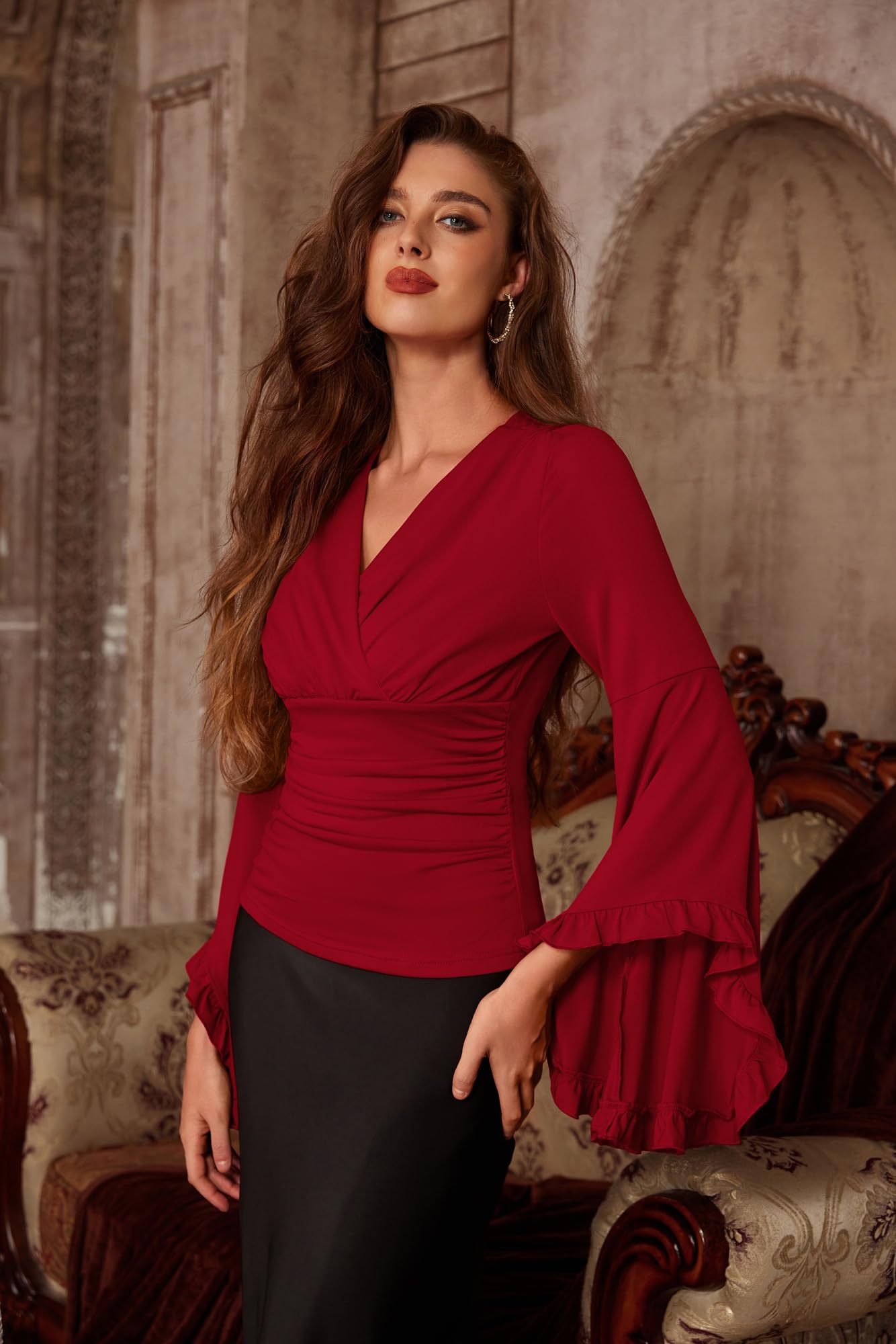 SCARLET DARKNESS Laides Ren Faire Cottagecore Blouse Rockabilly Cosplay Strech Ruffle Blouse Wine XL - Image 4