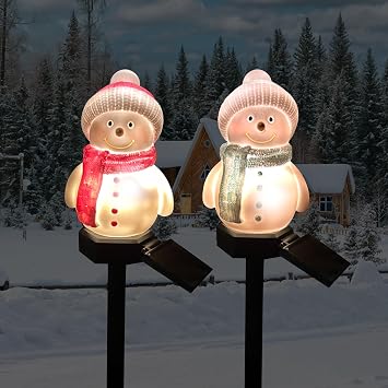Solar Snowman Lights Decorations 2Pcs Outdoor Snowman Stanta Ornament Landscape Pathway for Patio Yard Garden Lawn Decor, Solar Powered Party Indoor Pink