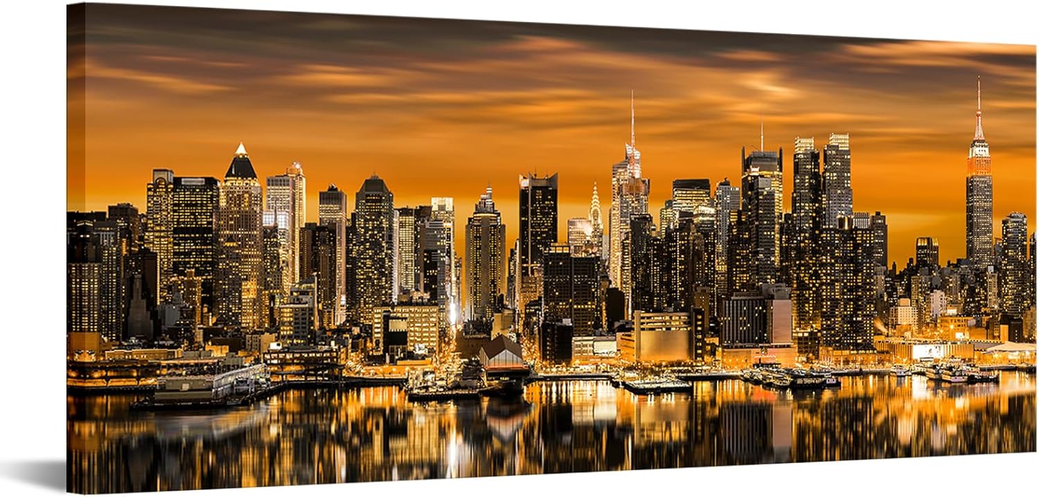 LevvArts New York City Canvas Wall Art Manhattan Skyline Night View Pictures Prints Modern City Painting Poster for Home Office Living Room Wall Decoration 20"x48" (Orange)