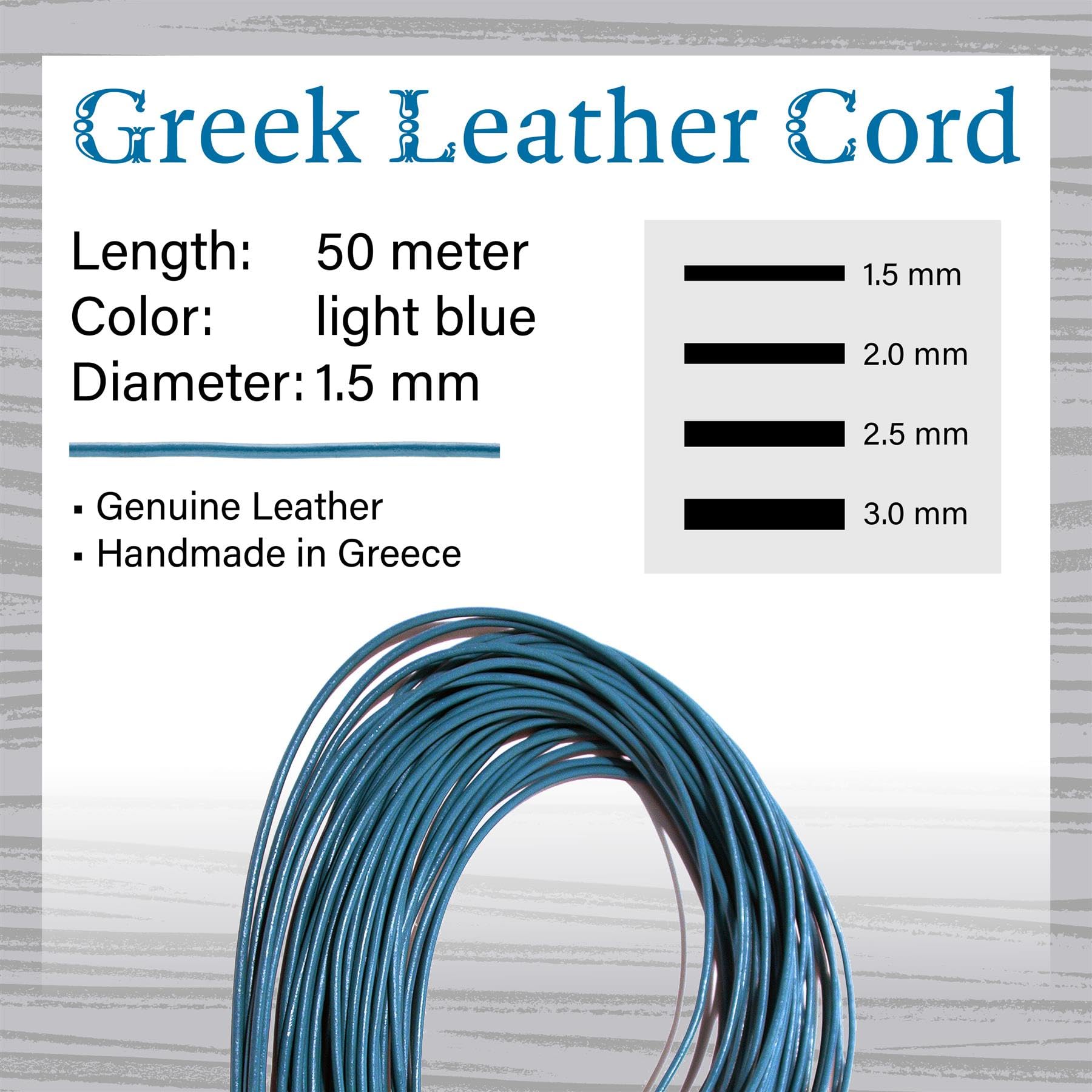 The Beadsmith Cordon en cuir grec - Couleur bleu clair - Bobine de 1,5 mm - 50 m - Idéal pour le tressage, les perles, les colliers, le laçage fin, les accessoires pour cheveux et la fabrication de