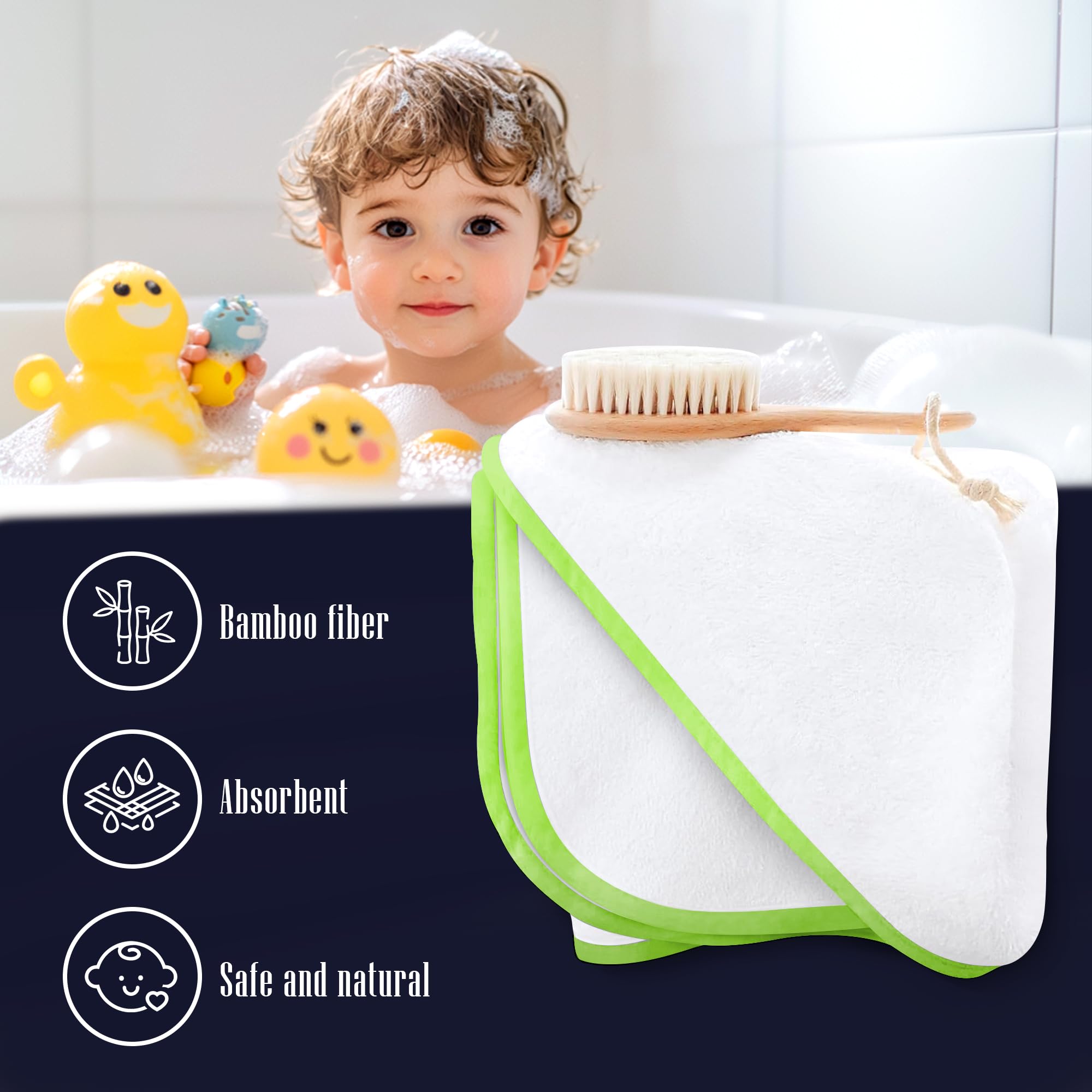 Lot de 2 serviettes de bain pour bébé – Rayonne en bambou – Serviettes à capuche ultra douces pour enfants – Taille XL pour 0 à 7 ans (blanc et vert, 94,5 x 94,5 cm)