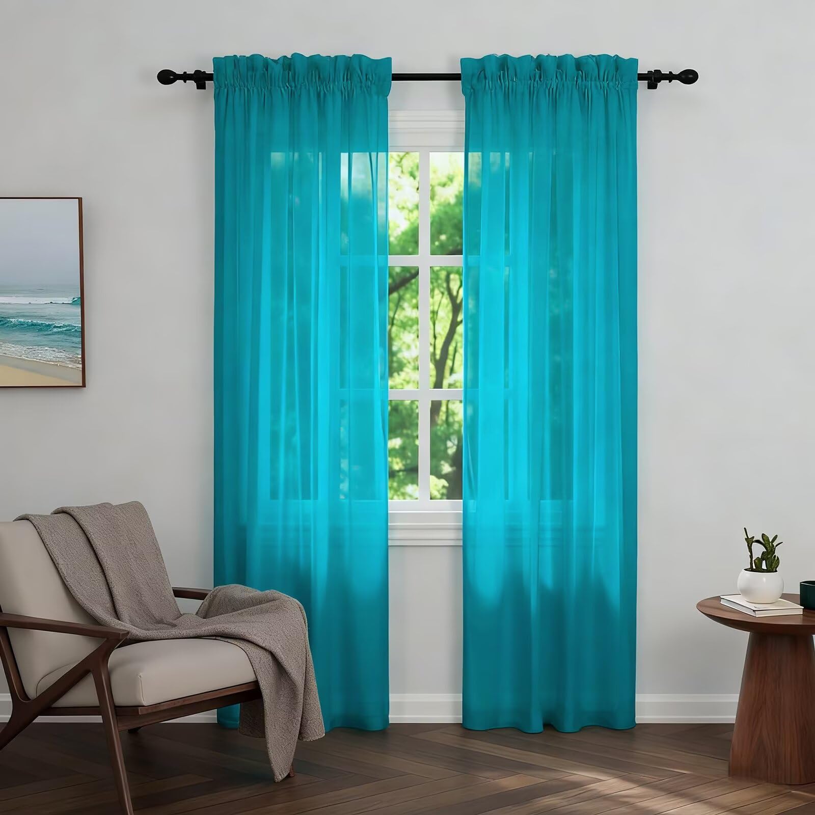 Zdada Net Curtains for Windows 84 Drop, Teal Slot Top Voile Curtains, Semi Transparent Sheer Curtain Net Curtain Panel for Living Room Kitcken W60xL84 Inch,2 Panels