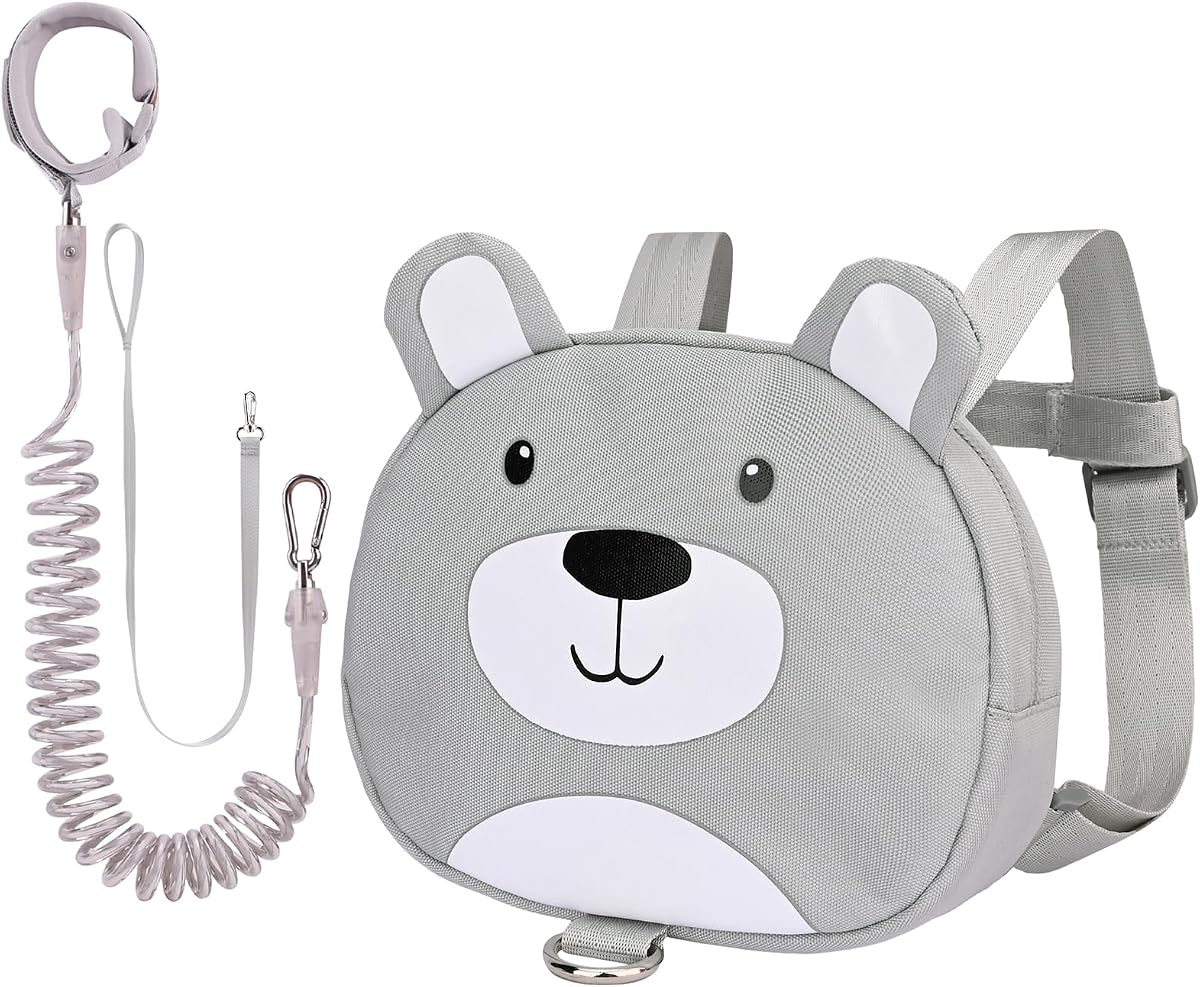 Bebamour Adorable Toddler Backpack Leash Safety Walking Harness Gray Bear Design With Wrist Link