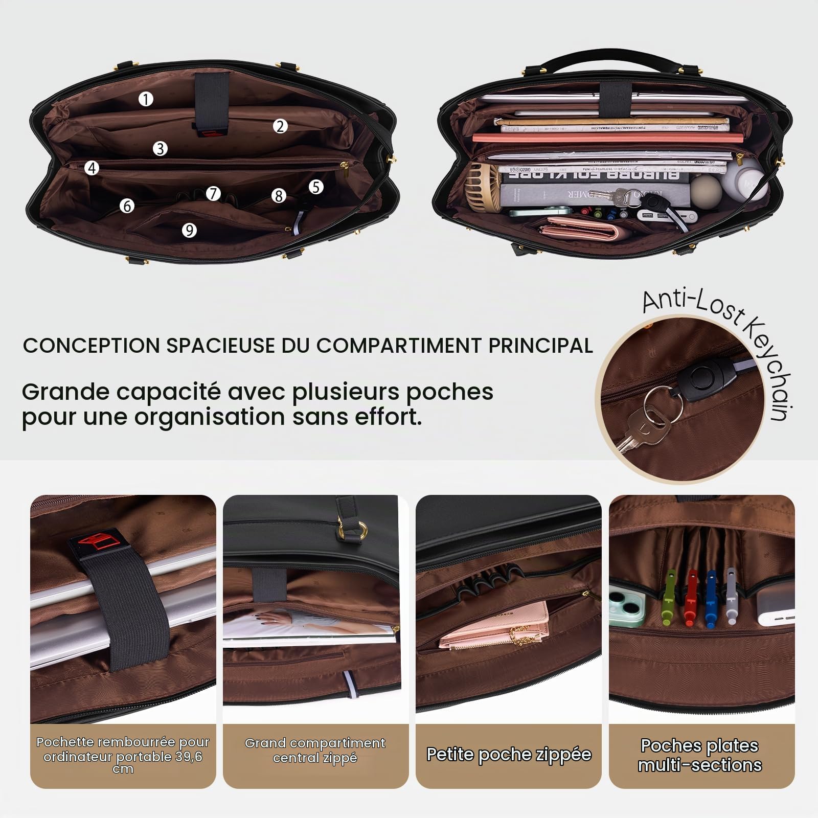 RAINSMORE Sac Cabas Femme Ordinateur 15,6" PU Cuir Travail Bureau
