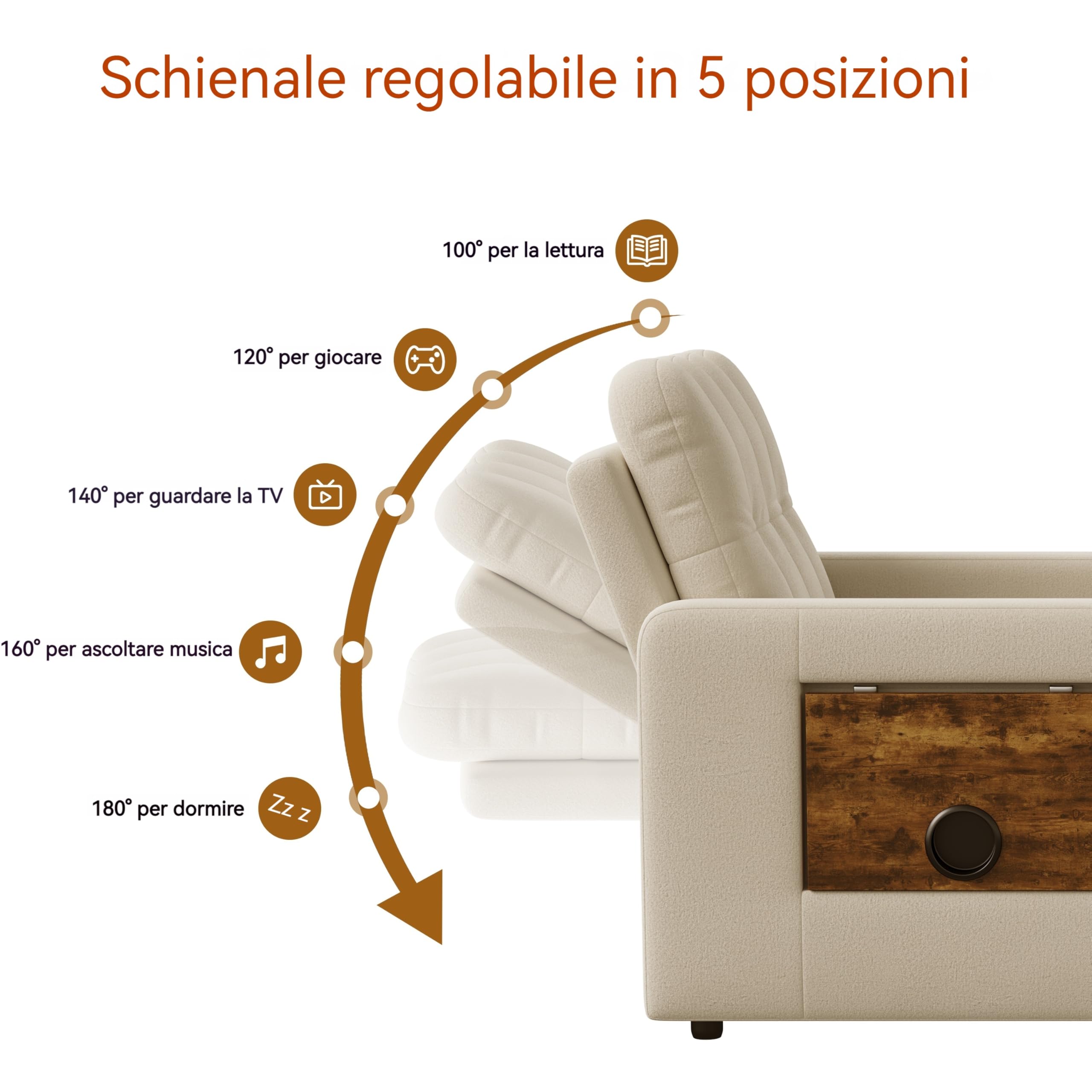 Poltrona letto convertibile 3 in 1, sedia a letto con funzione letto, divano allungabile, letto con tavoli da tè pieghevoli, divano letto singolo, poltrona regolabile con cuscino (beige, 190 x 108 x