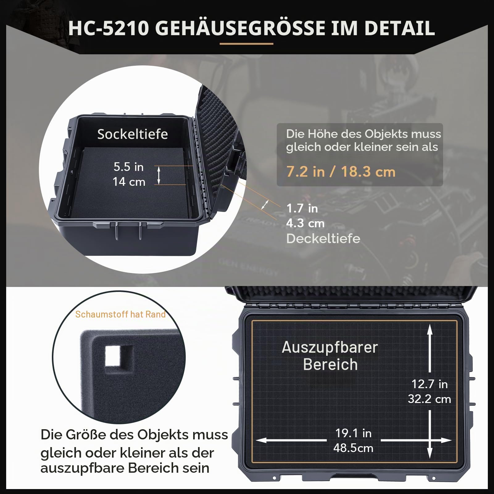 Lykus HC-5210 Großer Wasserdicht Koffer mit Schaumstoff, Innengröße 52x36x18,5 cm, geeignet für elektronische Ausrüstung und mehr