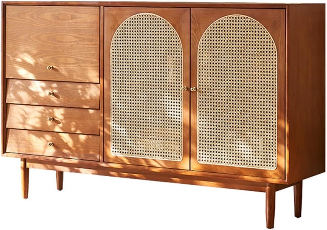 Buffet Cabinet Solid Wood Rattan Sideboard Living Room Storage Cabinet Entryway Pantry Kitchen Cabinet