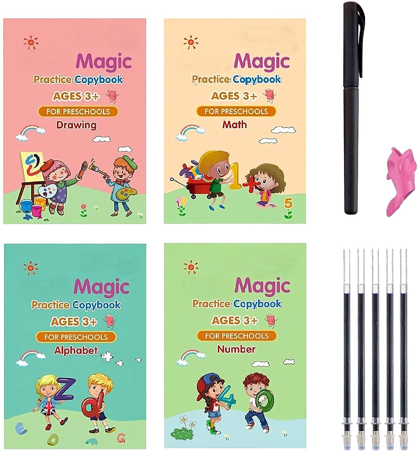 Sank Magic Practice Copybook, Number Tracing Book for Preschoolers with Pen, Magic Calligraphy Copybook Set Practical Reusable Writing Tool Simple Hand Lettering (4 BOOKS WITH 5 REFILLSS)