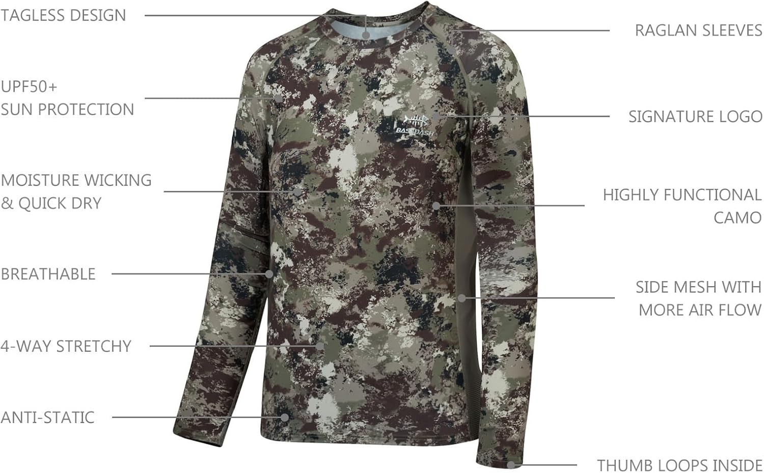 BASSDASH Men's Hunting Camo Performance Long Sleeve Shirt Fishing UPF50+ FS13M