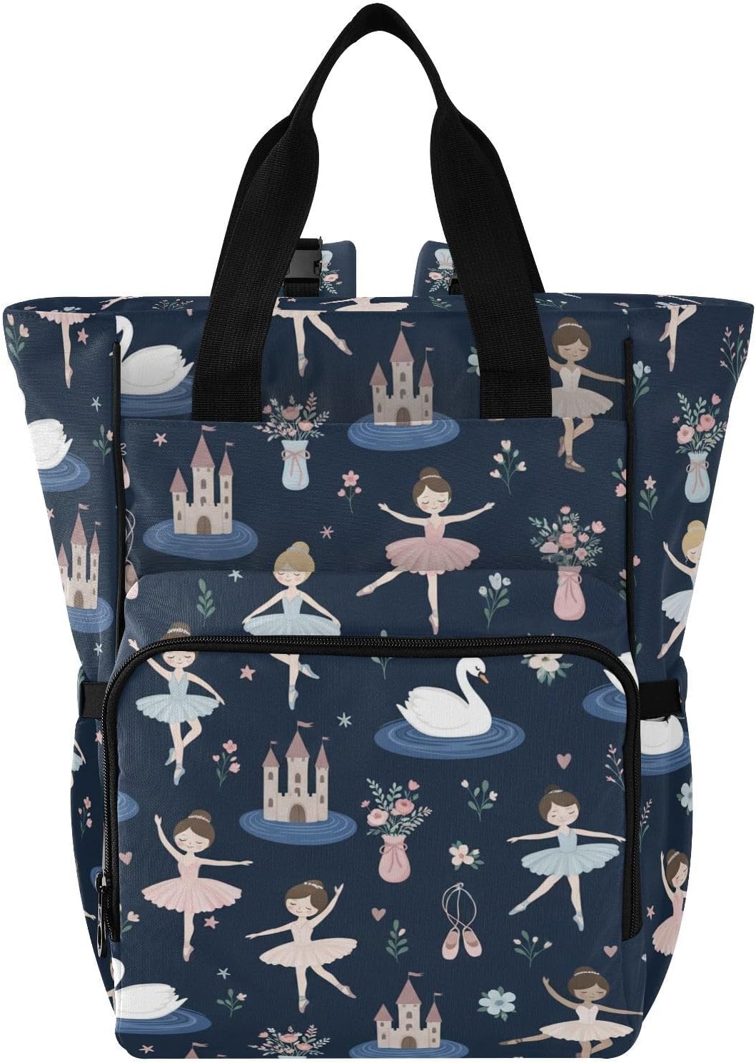 Cartoon Ballerina Swan Blue Pattern Diaper Bag Backpack for Baby Boys Girls Multifunction Baby Essentials Travel Tote with Stroller Straps & Bottle Storage Large Travel Diaper Backpack for Baby