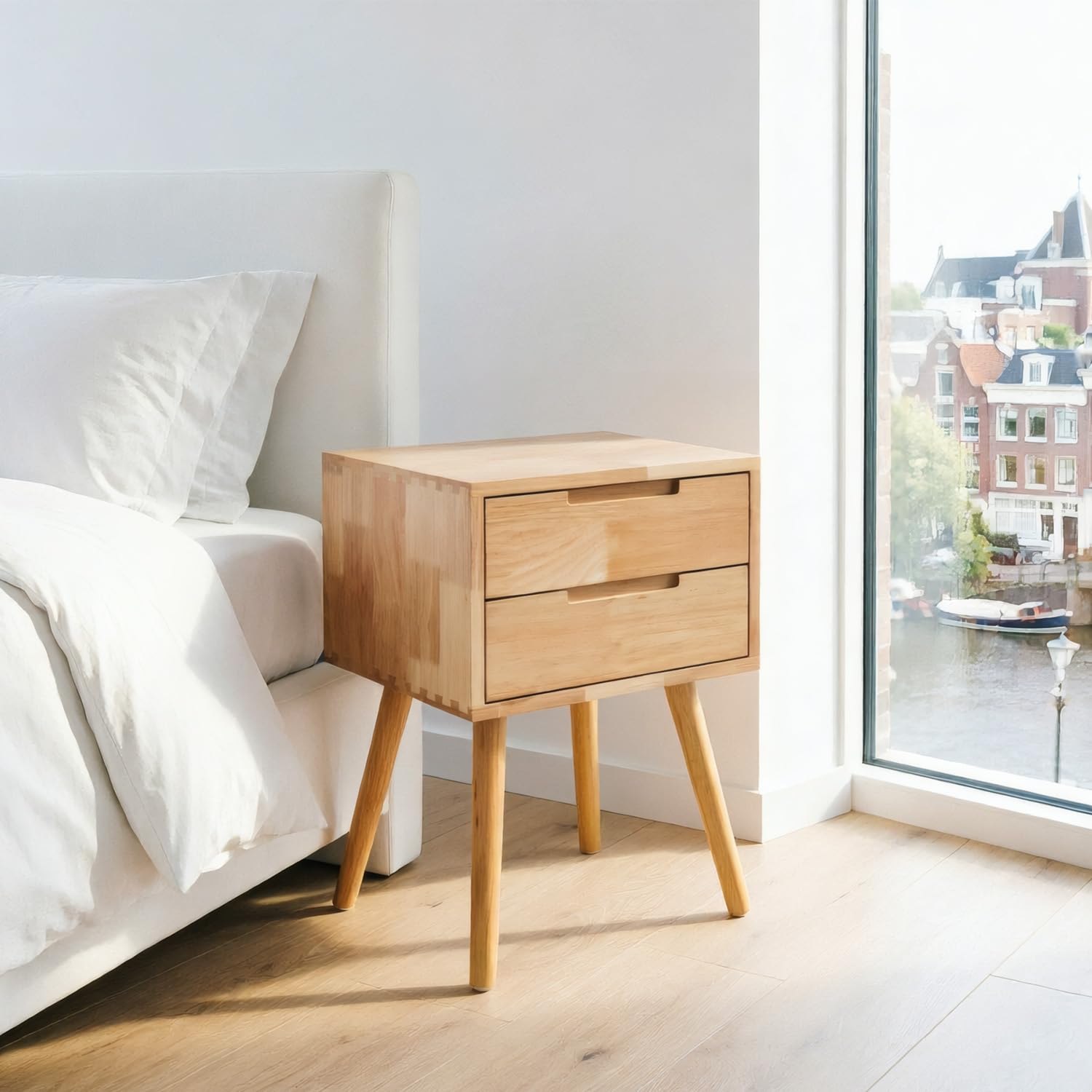 Aurotrice Solid Oak 2 Drawer Bedside Table with Tapered Legs Solid Wood Nightstand for Bedroom Storage Mid-Century Modern Small Side Cabinet