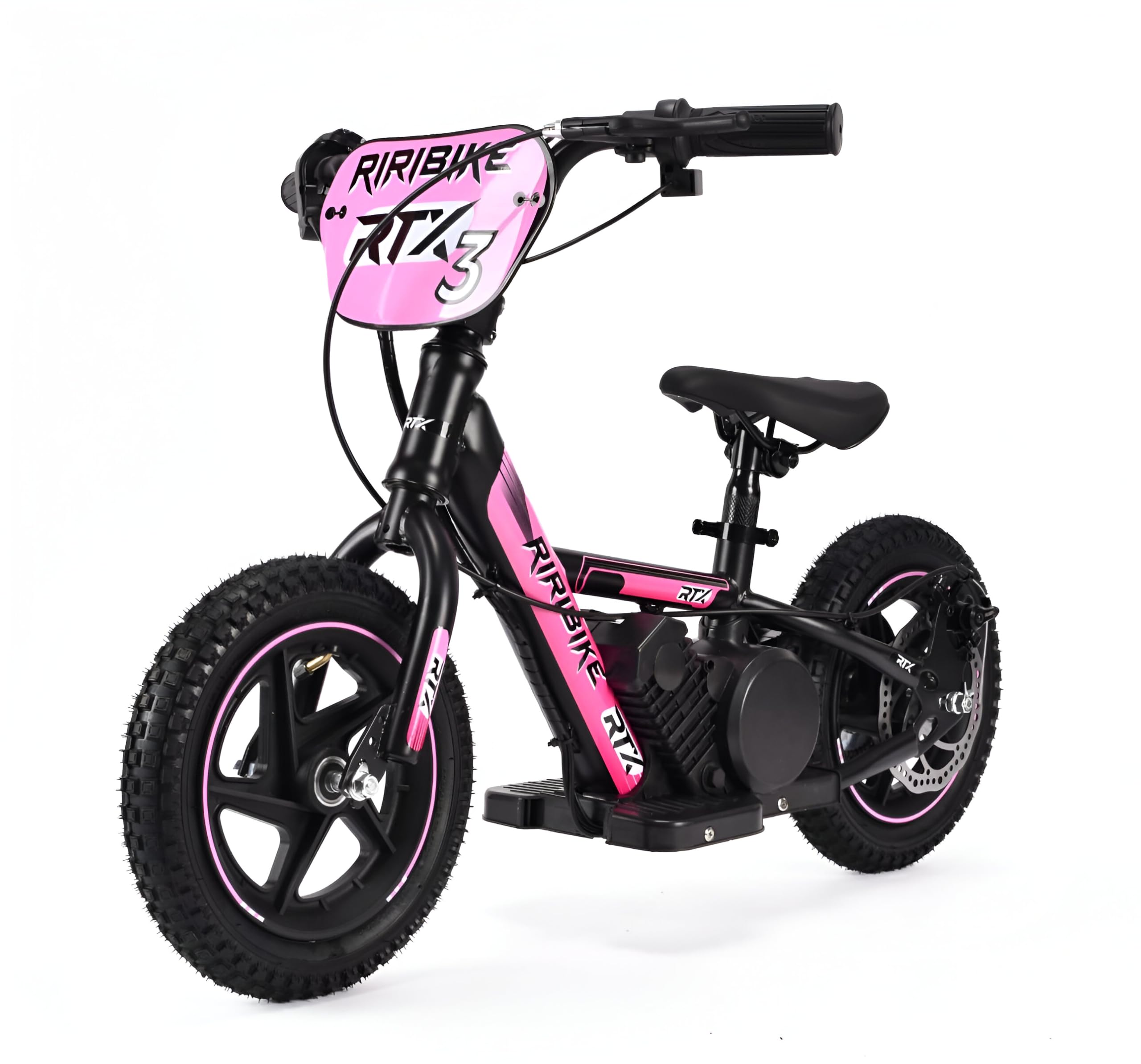 Bici elettrica per bambini RIRIBIKE RTX3 24V (12"), rose, Batteria al litio, Motore 100W, Freno a disco, Sedile regolabile in morbido PU