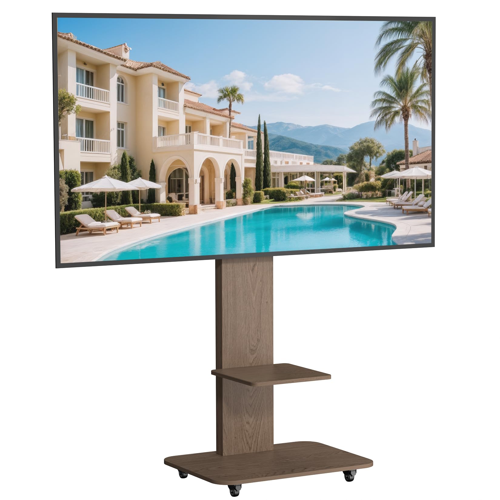 UNHO Soporte TV con Ruedas de Madera para 40-75 Pulgadas, Inclinación ±10° | Soporte Televisión Suelo Ajustable en Altura para LCD/LED, 2 Estantes, VESA 200x300 - 600x400 mm, Hasta 60 kg