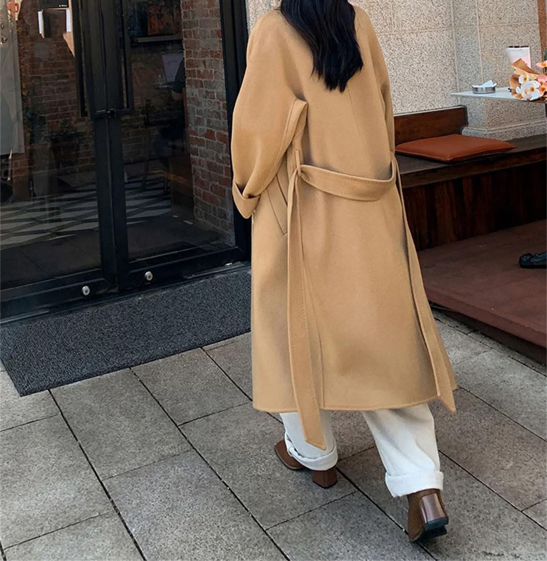 Abrigo clásico de lana reversible de cachemira para mujer, abrigo largo de lana para invierno, rompevientos casual con cinturón
