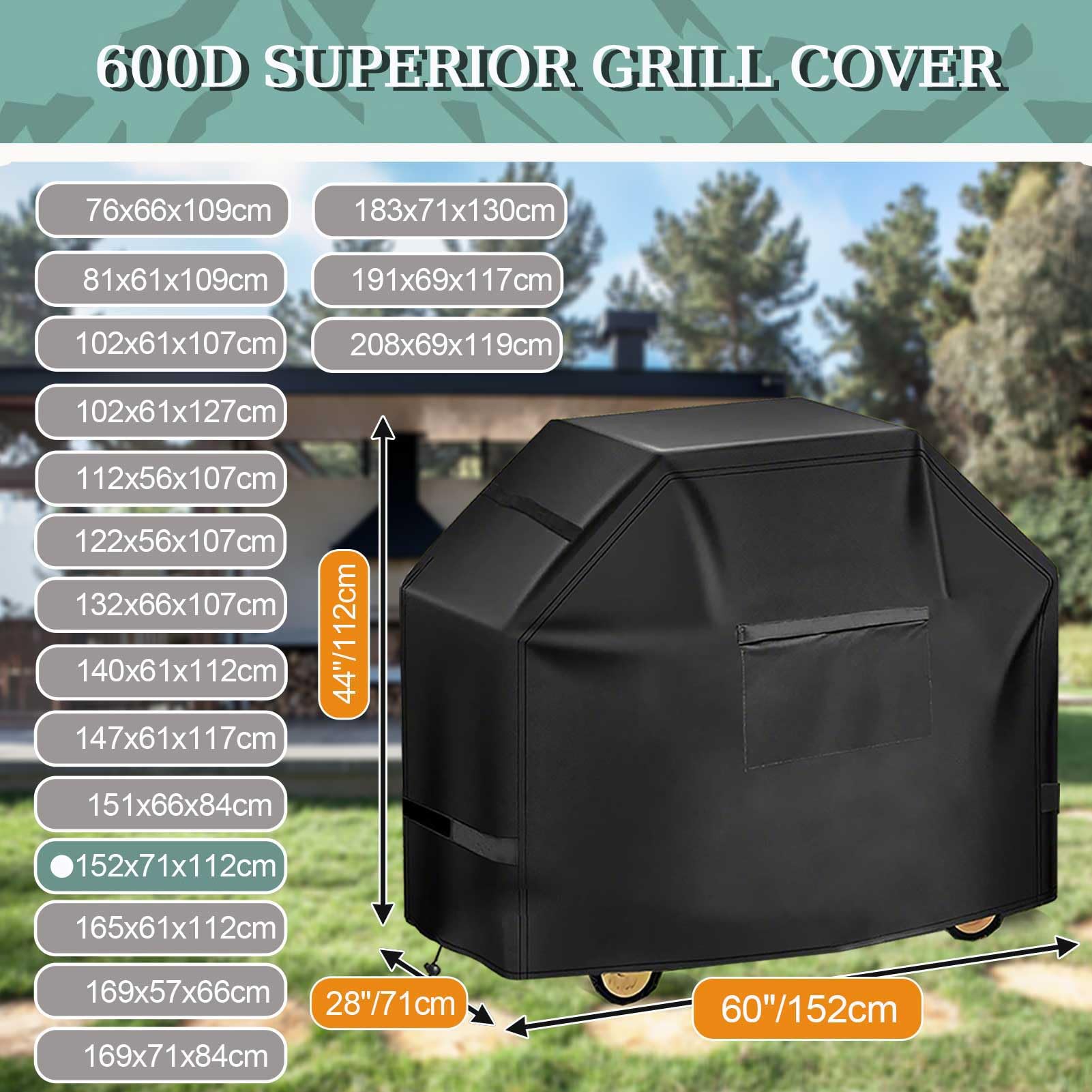 Copertura Barbecue 90/120/140/160 cm,Copertura Barbecue di Qualità Superiore per Barbecue a Gas Weber Genesis Serie 300,Coperture per Barbecue da Esterno 600D per Brinkmann,Argento,152x71x112cm