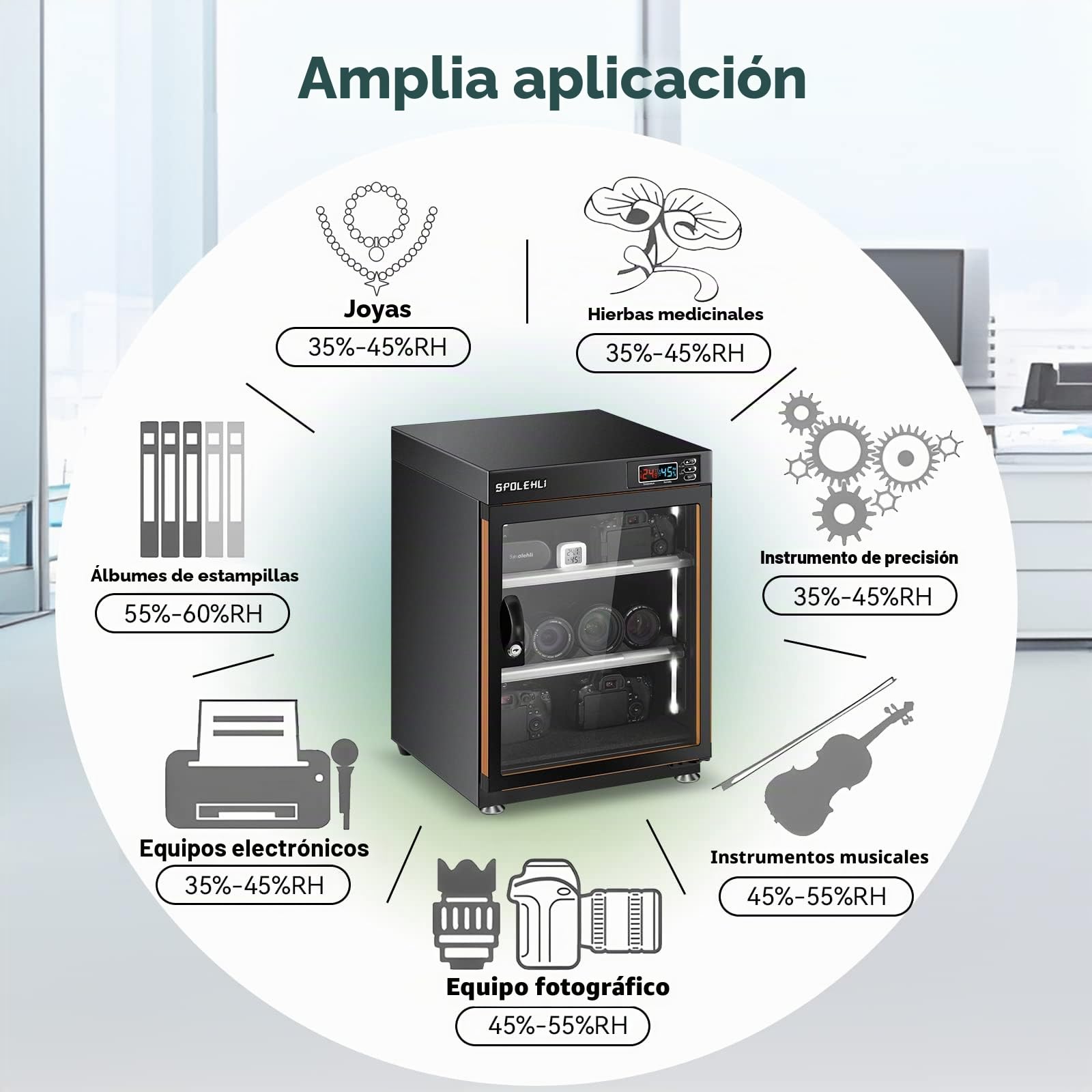 Armario de secado para cámaras Spolehli Armario de secado electrónico de 70 litros con control digital y luz LED para el almacenamiento de equipos electrónicos y objetivos de cámaras.