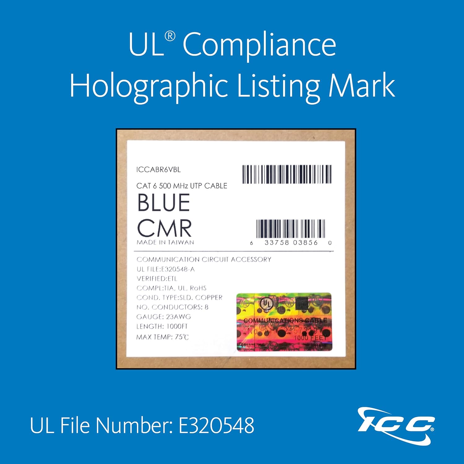 ICC Cat6 CMR Riser 1000ft - UTP 23AWG, 100% Solid Pure Copper, Unshielded, Bulk Ethernet Cable, PoE++, 500MHz, Reelex Pull Box, UL Certified, RoHS and TAA Compliant, Blue