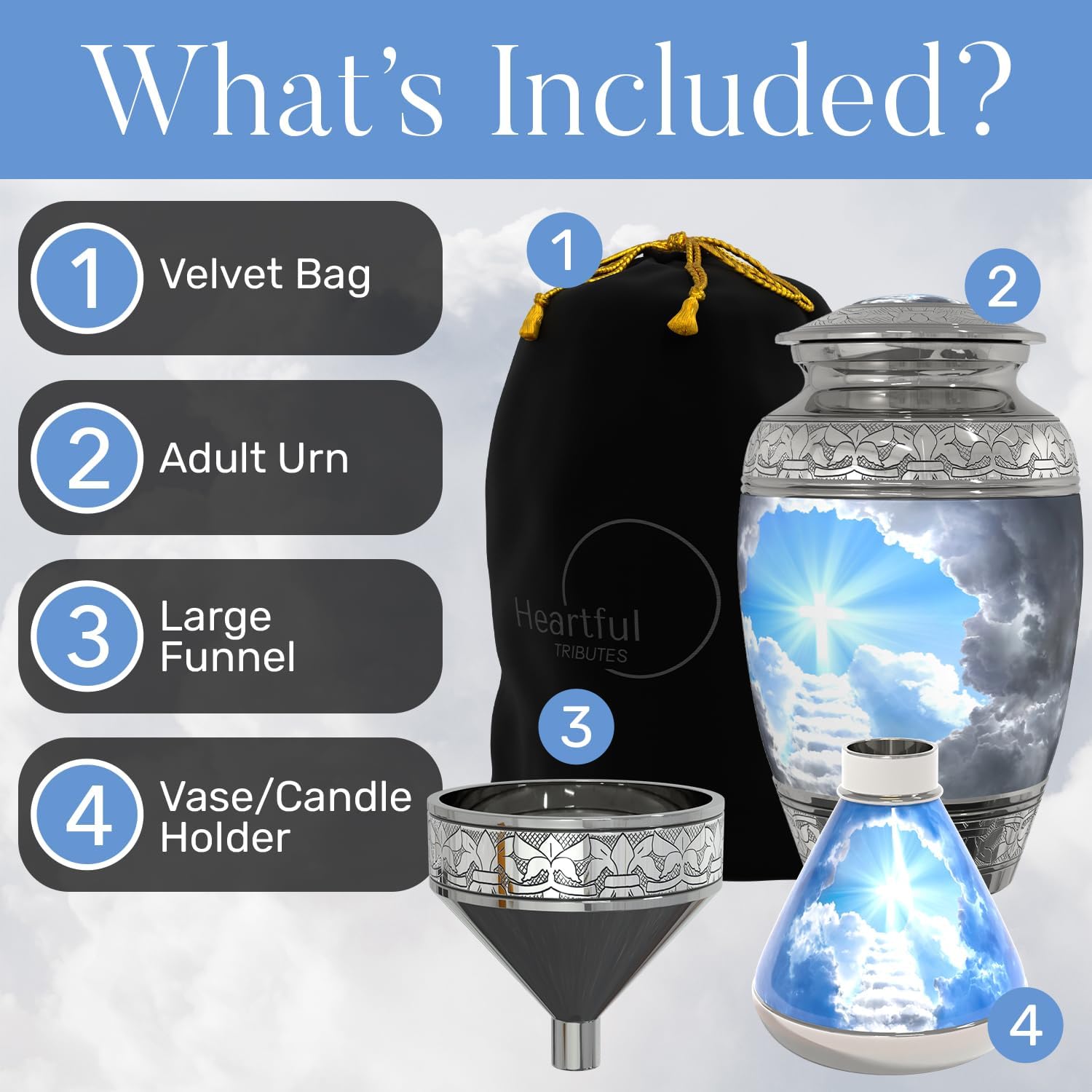 Stairway to Heaven Cremation Urn for Human Ashes (4-Piece Set) with Handcrafted Funnel and Vase (Large Size, Christian Catholic Cross Adult Male/Female) - Image 2