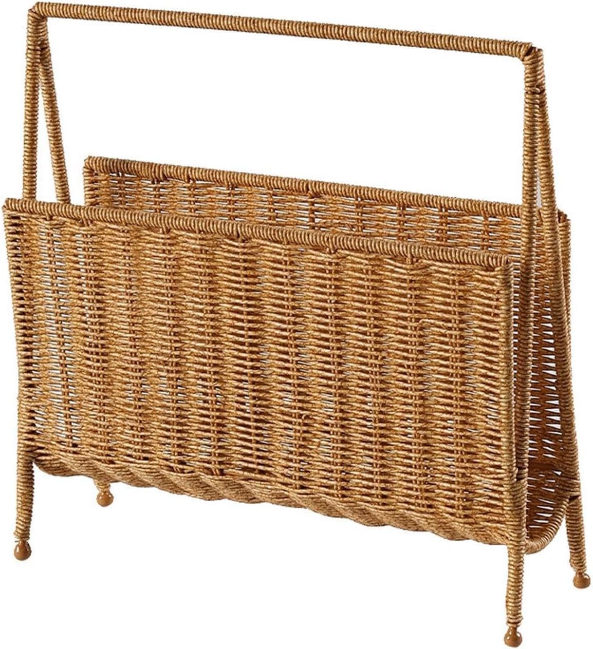 Hand-Woven Wicker Magazine Holder, Magazine Basket Floor, Book Basket for Bathroom, Office, Living Room, Bedside with Piano Book Storage, Standing Handle Rack (Brown)