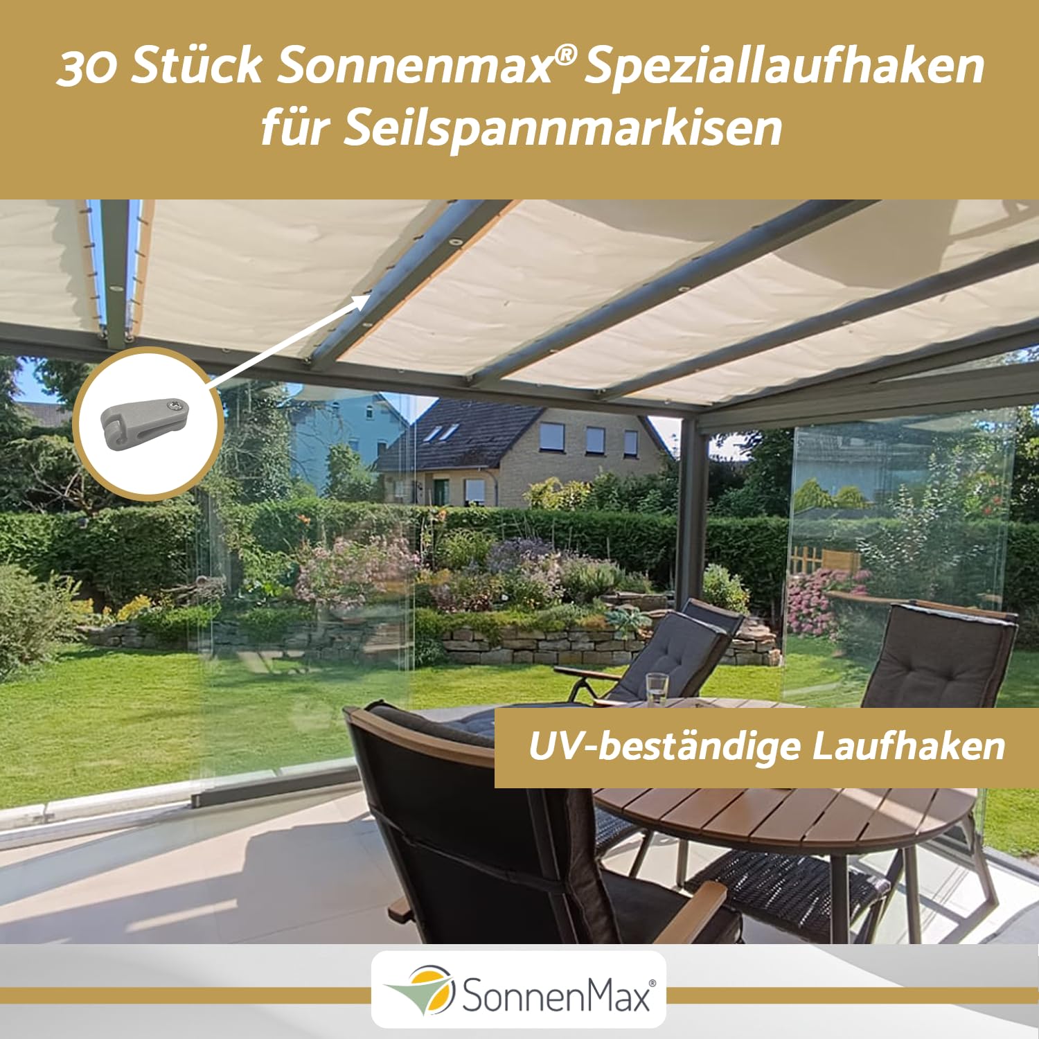 Sonnenmax® Laufhaken für Sonnensegel, Silbergrau [UV-beständig] Laufhaken für Seilspannmarkisen [30 Stück inkl. Edelstahlschrauben] passend für 2mm Edelstahldrahtseil