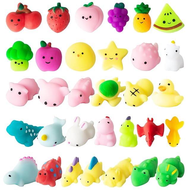 JUAUO 32Pcs Mini Squishy Kawaii Squishys Lindos Juguete Antiestrés, Squeeze Toys Juguete de Silicona Dinosaurio Animales Frutas, Regalos Cumpleaños para Niños Colegio Premios Relleno de Piñatas