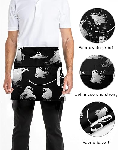 Miniatura 5 de Delantal de camarera de Halloween para mujereshombres con 3 bolsillos, diseño de fantasma blanco clásico negro, delantal impermeable para cocina,