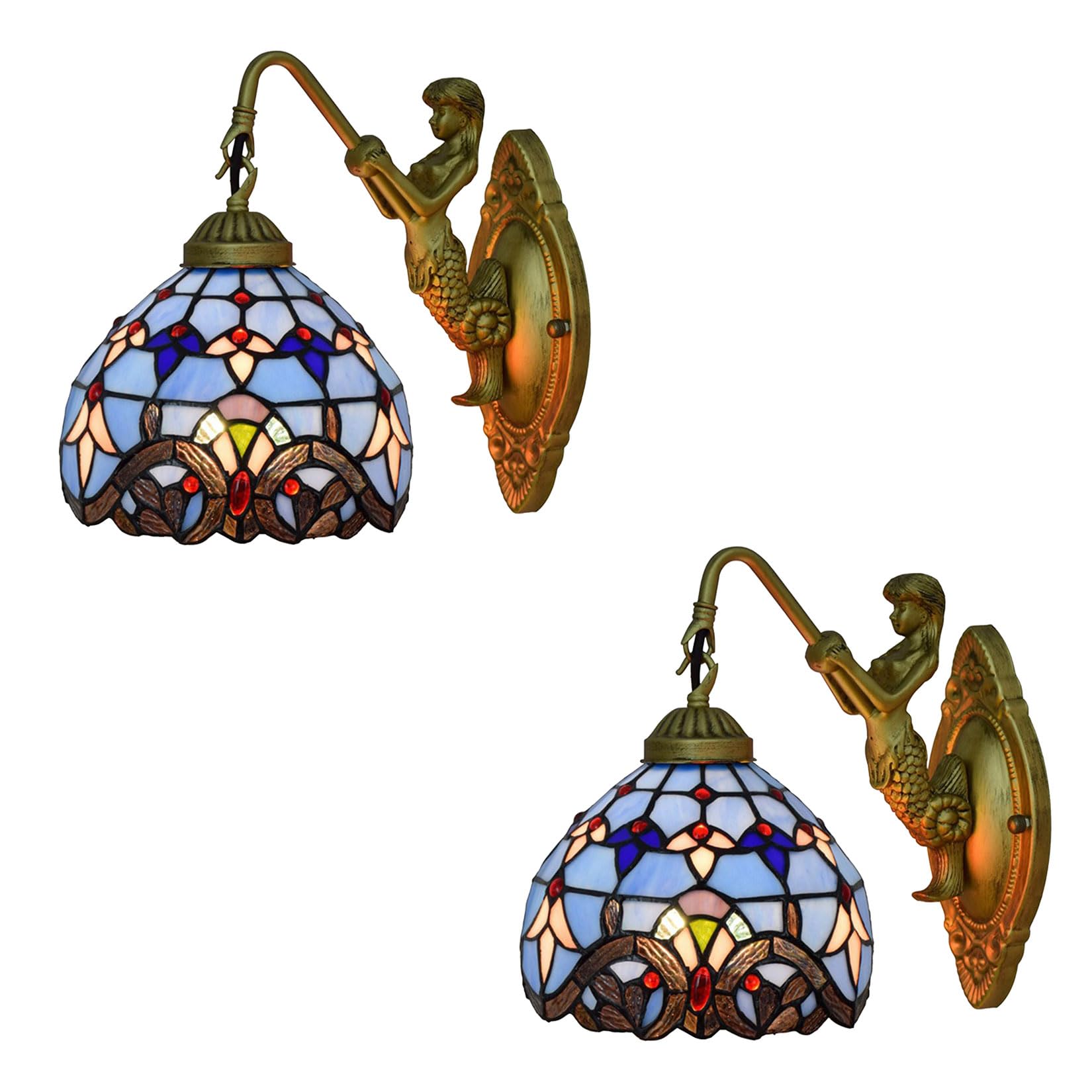 NHPJFDC Tiffany Wall Lamp Sconce Light Fixtures Set of Two, Wall Amout Lamp Mediterranean Stained Glass Shade Wall Lights for Bedroom Living Room Hallway Kitchen,Blue